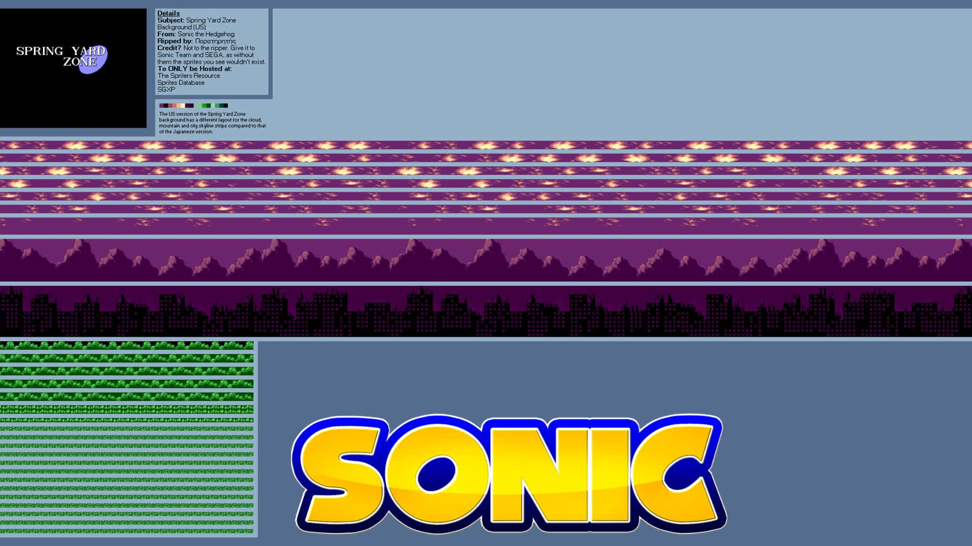 Sonic Spring Yard Zone 桌布 壁紙 — 像素藝術桌布，以鮮黃和藍色呈現Sonic標誌，背景為帶有紫色山脈和火焰紋理的復古遊戲場景。