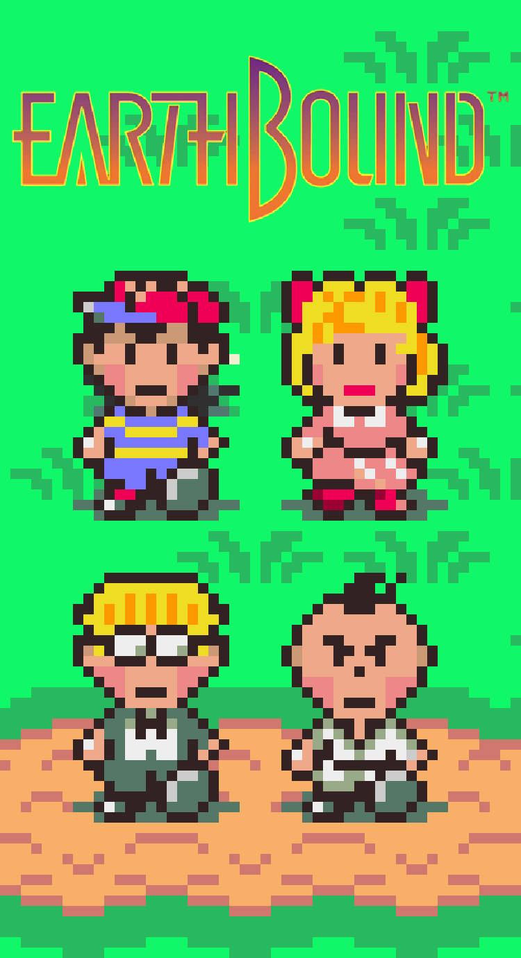 地球冒險 桌布 壁紙 — 像素藝術桌布，四個來自 EarthBound 的角色站在泥土上，背景為亮綠色。