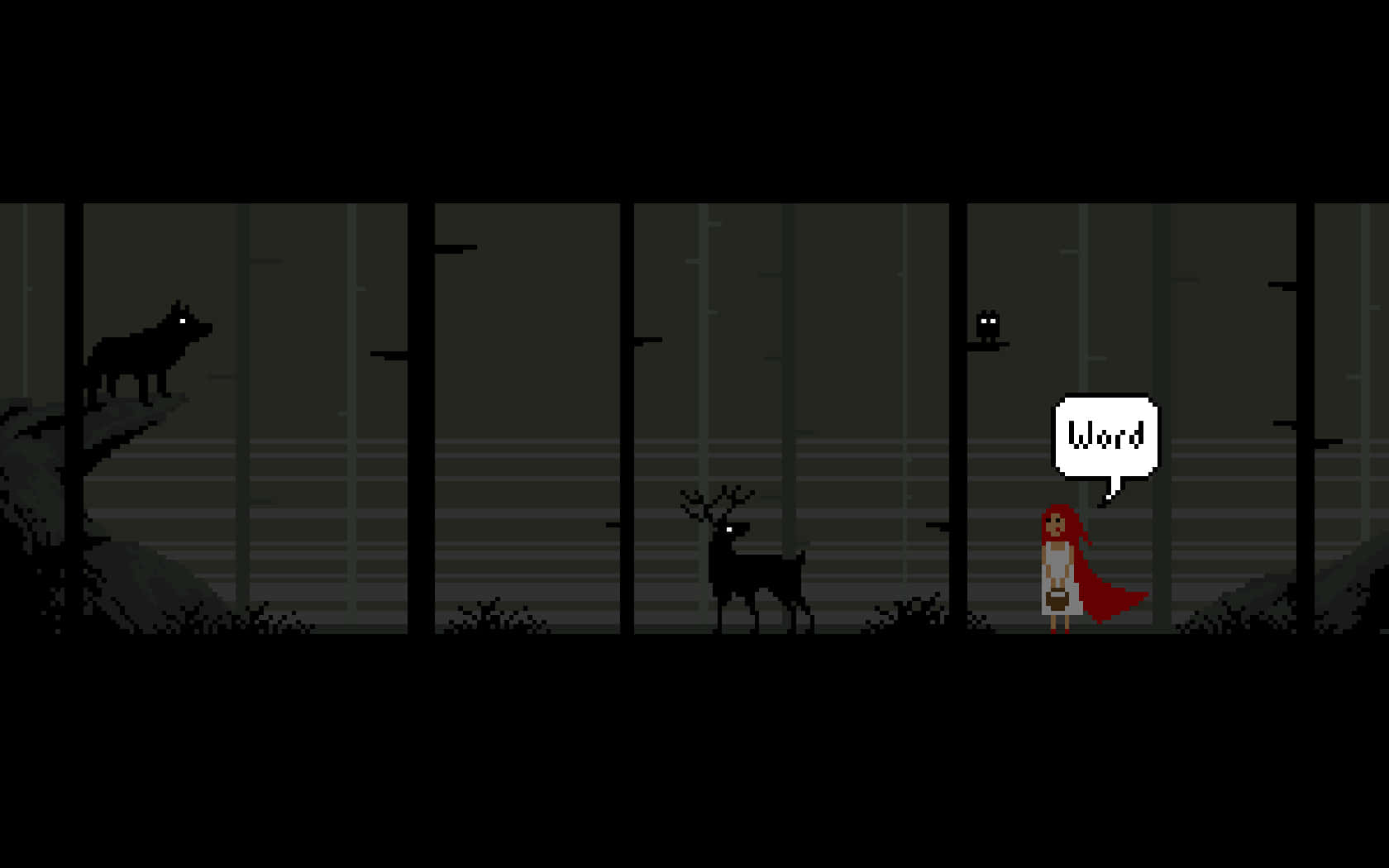 Aesthetic Pixel 桌布 壁紙 — 像素藝術森林場景，一個紅髮女孩披著斗篷面對一頭鹿，岩石上有一隻狼，樹上棲息著一隻貓頭鷹。