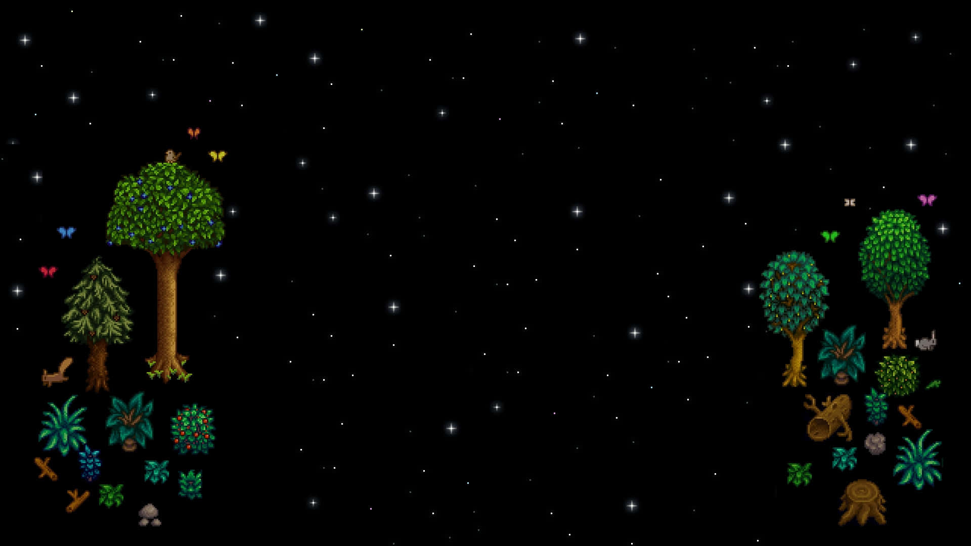 星露谷物語 桌布 壁紙 — 像素藝術森林場景，發光的樹木、蝴蝶和星星在黑色夜空下。