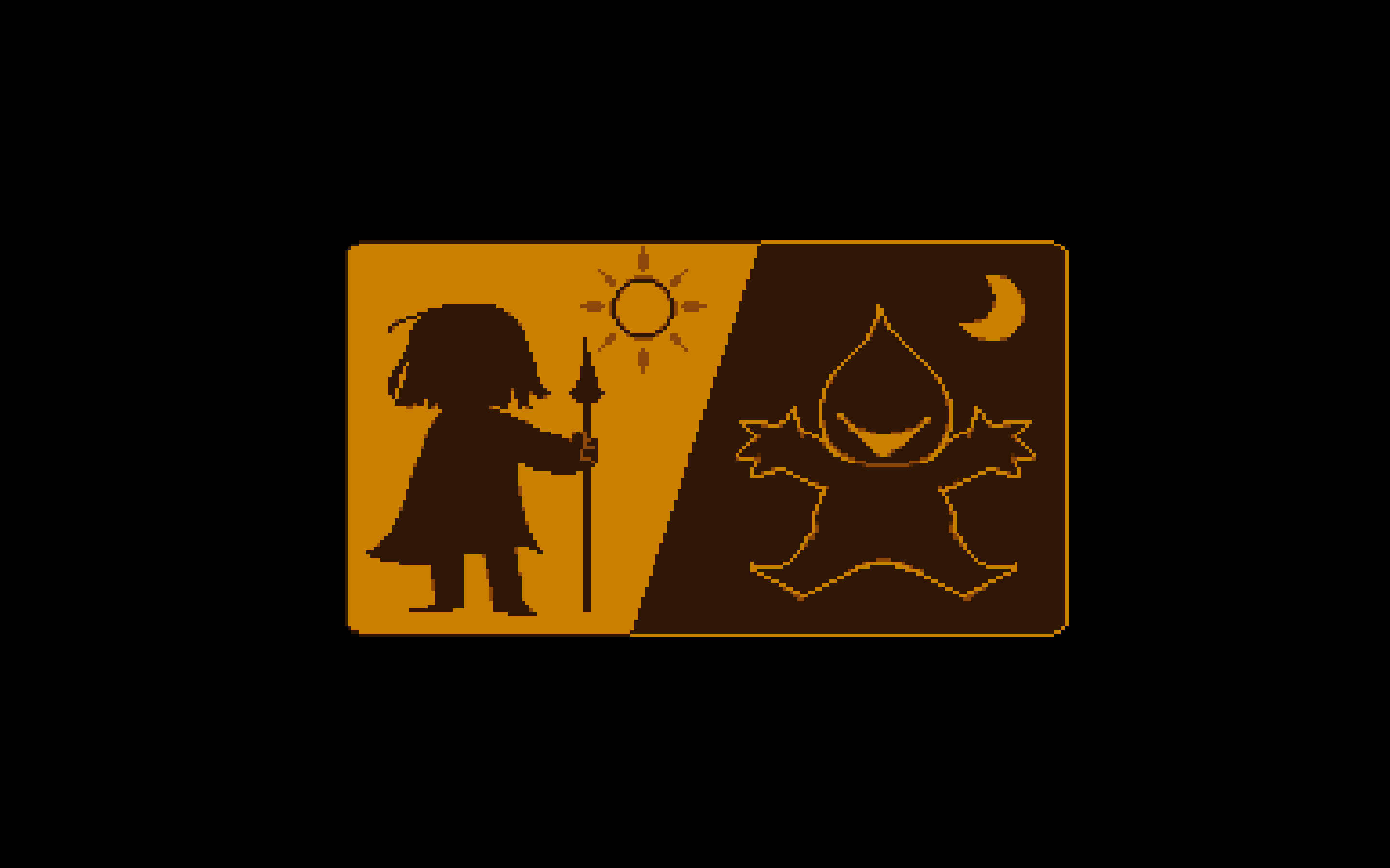 Deltarune 桌布 壁紙 — 像素藝術標誌分為陽光下的持矛孩子與月光下的陰影生物，以溫暖的橙色調呈現。