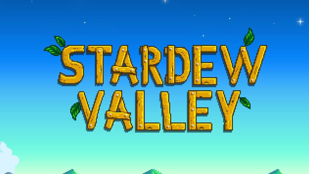 Valley 桌布 壁紙 — 像素藝術標題「Stardew Valley」以金色方塊字體呈現，搭配綠色葉子，背景為漸變天空與星星。