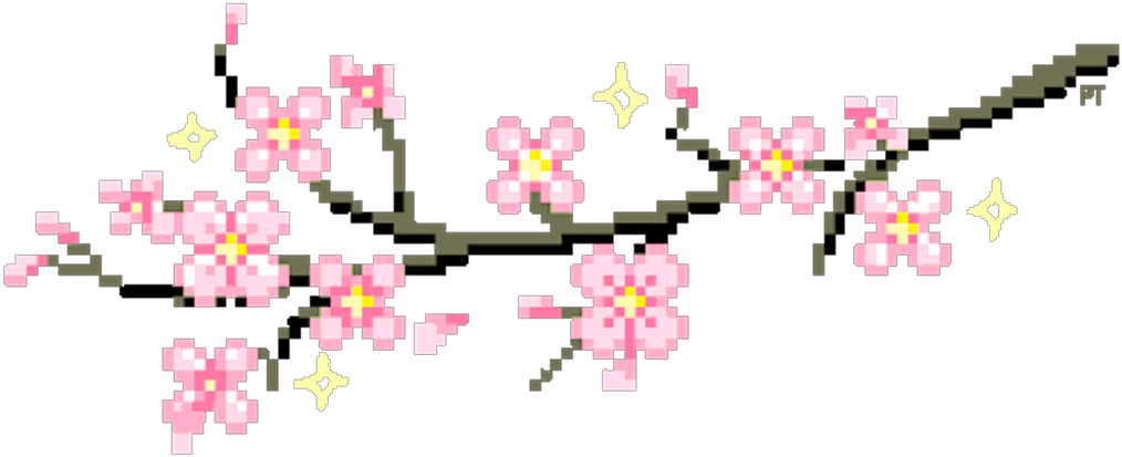 美學 Tumblr 桌布 壁紙 — 像素藝術櫻花枝，帶有粉紅色花朵和黃色閃光，背景為黑色。
