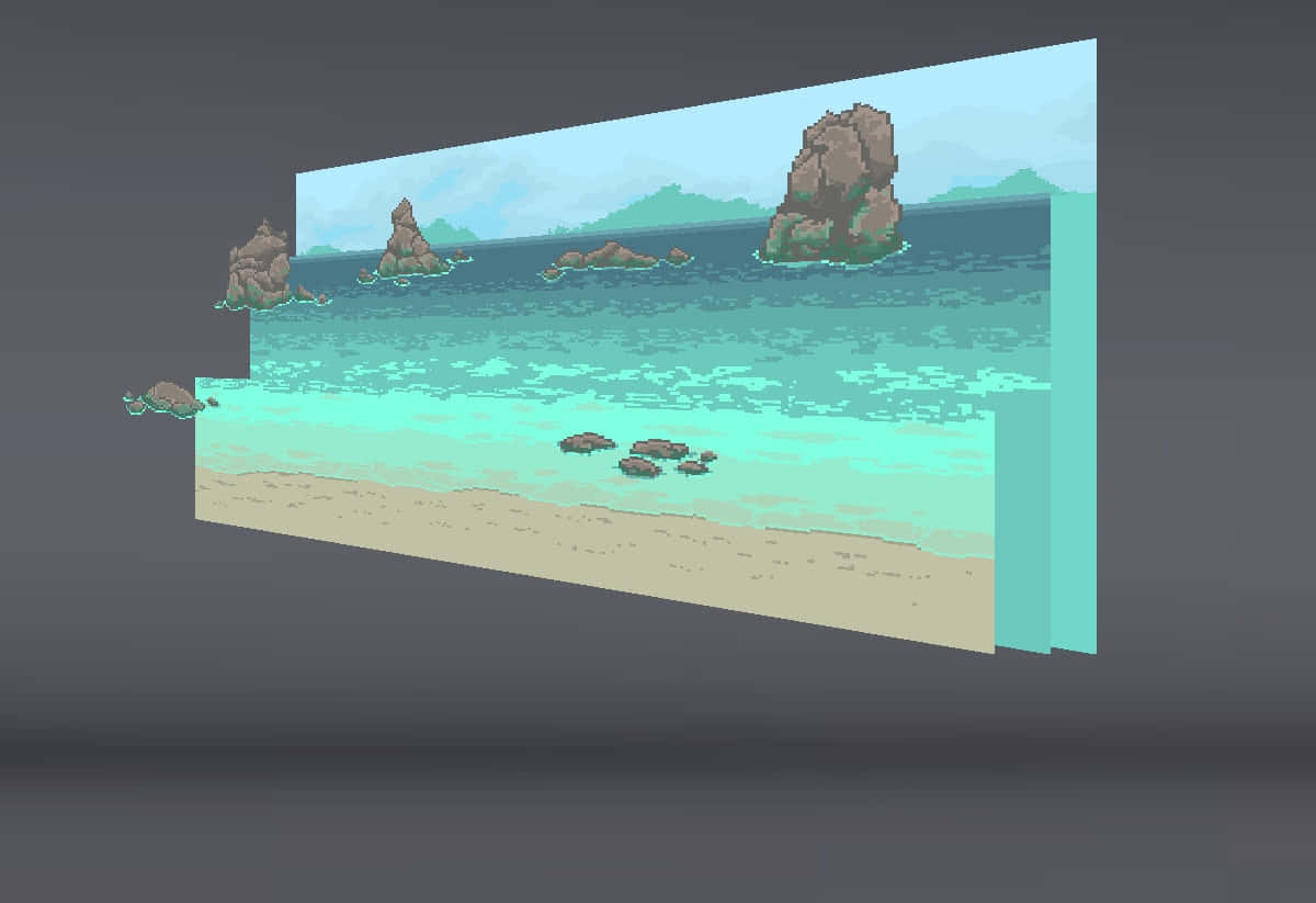 像素藝術 桌布 壁紙 — 像素藝術海灘場景，呈現為3D壁畫，包含碧綠海水、岩石露頭和遠山。