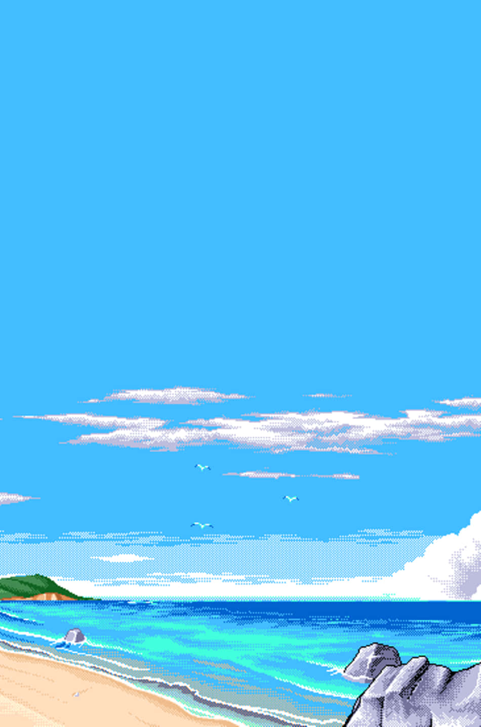 Pixel Beach 桌布 壁紙 — 像素藝術海灘場景，在明亮的藍天下，帶有散落的雲朵和飛鳥，綠松石色的海浪拍打著沙灘。