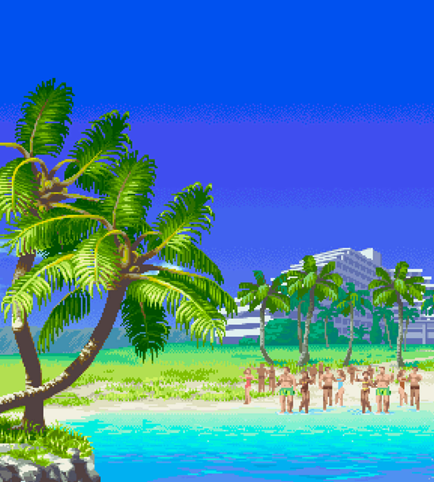 Pixel Beach 桌布 壁紙 — 像素藝術海灘場景，有棕櫚樹、碧綠海水、穿著泳裝的人們，以及度假村建築，在明亮的藍天下。