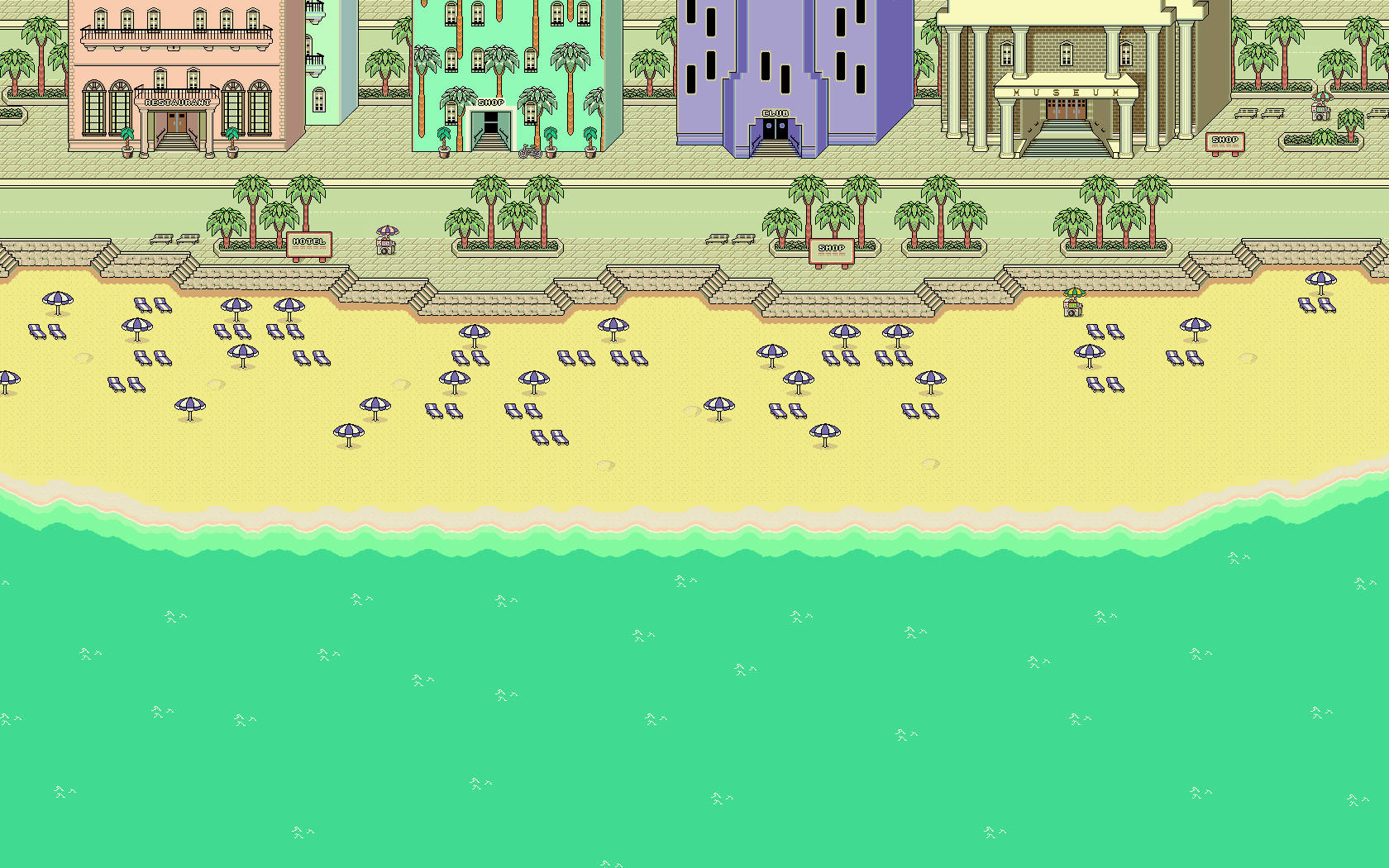 Earthbound 桌布 壁紙 — 像素藝術海灘場景，色彩繽紛的建築物、棕櫚樹和藍色遮陽傘沿著沙灘排列。
