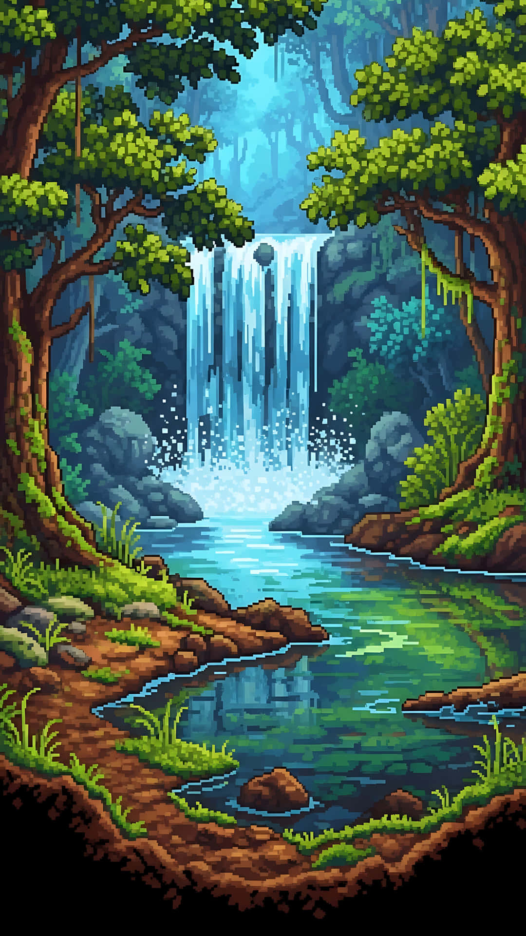 Pixel Waterfall 壁紙 — 像素藝術瀑布穿過茂密的叢林，流入由高聳樹木和長滿苔蘚的岩石環繞的平靜河流。