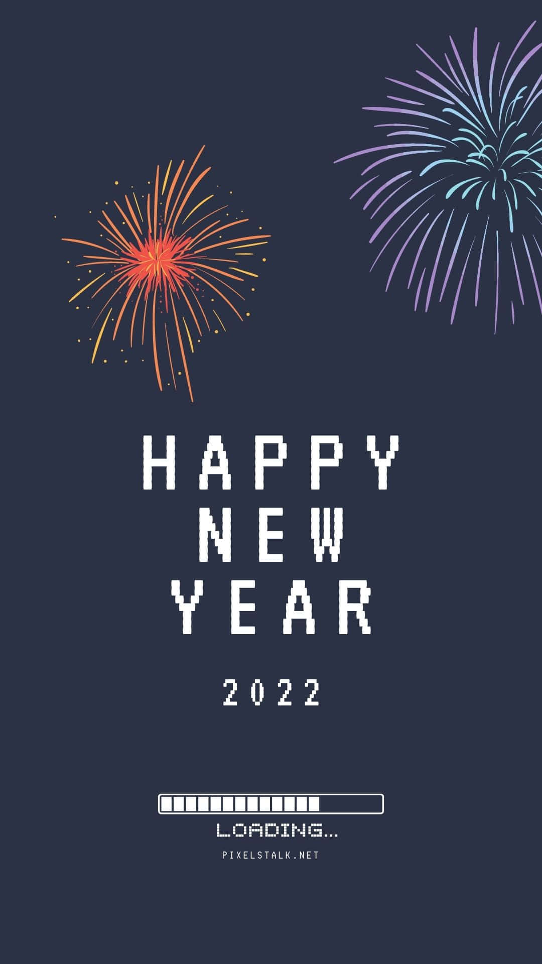 節日 桌布 壁紙 — 像素藝術煙火在深藍色背景上慶祝2022年新年的粗體白色文字上方爆炸。