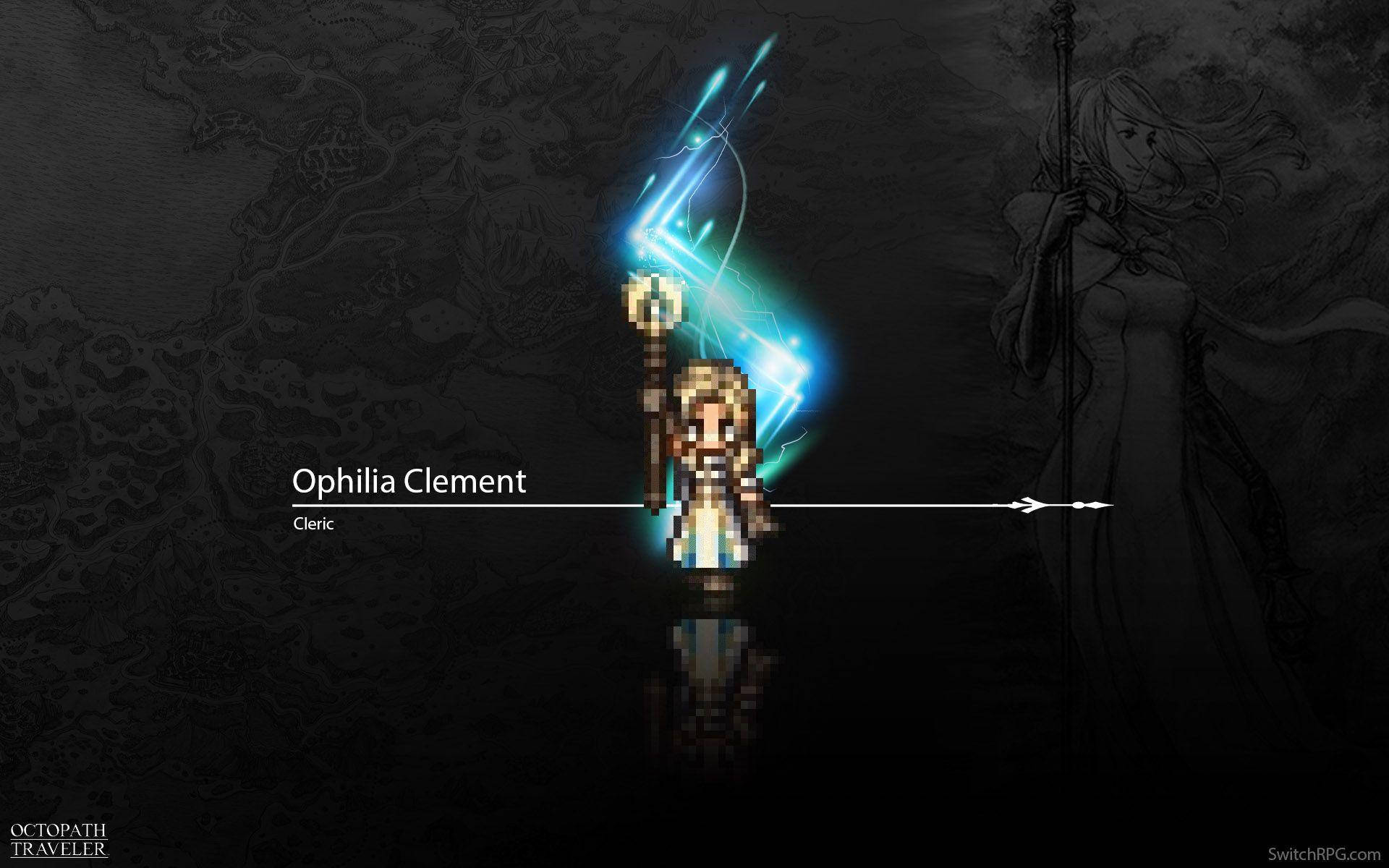 Traveler 桌布 壁紙 — 像素藝術牧師 Ophilia Clement 在黑暗地圖背景中揮舞發光藍色法杖，旁邊有幽靈般的身影。