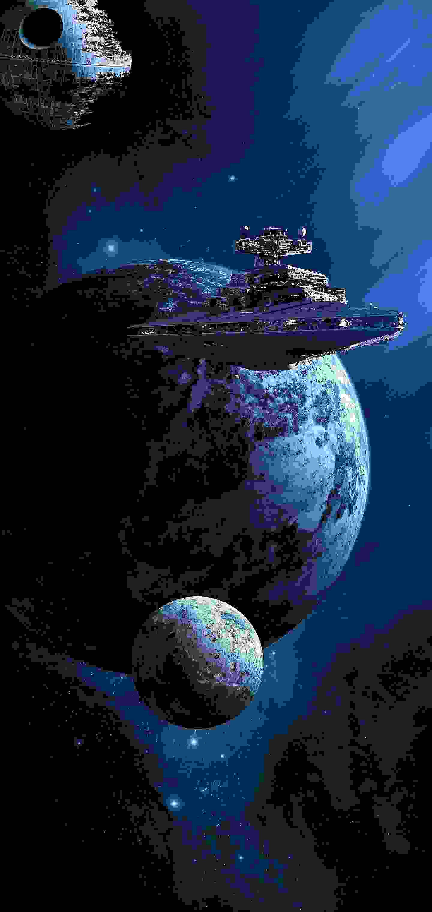 藝術 桌布 壁紙 — 像素藝術的星際毀滅者和死星在星空宇宙虛空中籠罩著一顆藍色行星和月亮。