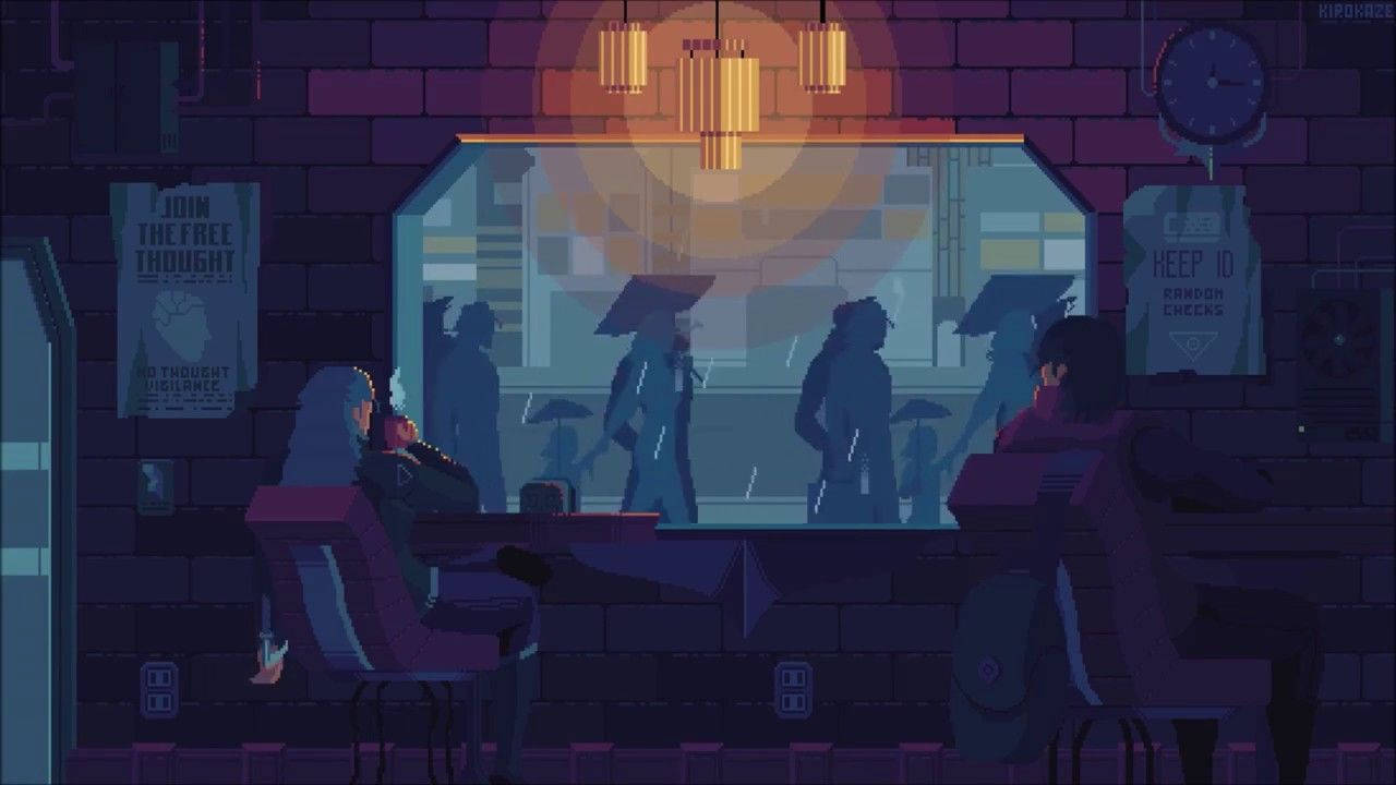lofi 桌布 壁紙 — 像素藝術的顧客坐在昏暗的紫色酒吧裡，看著剪影人物在溫暖的吊燈下走過。
