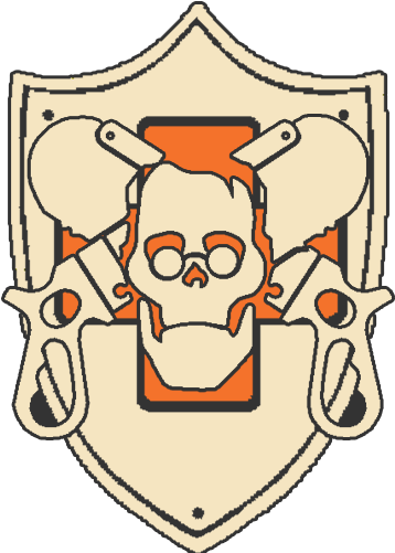 Tf2 Logo 桌布 壁紙 — 像素藝術盾牌徽章，骷髏頭戴眼鏡，兩側交叉左輪手槍，橙色背景。
