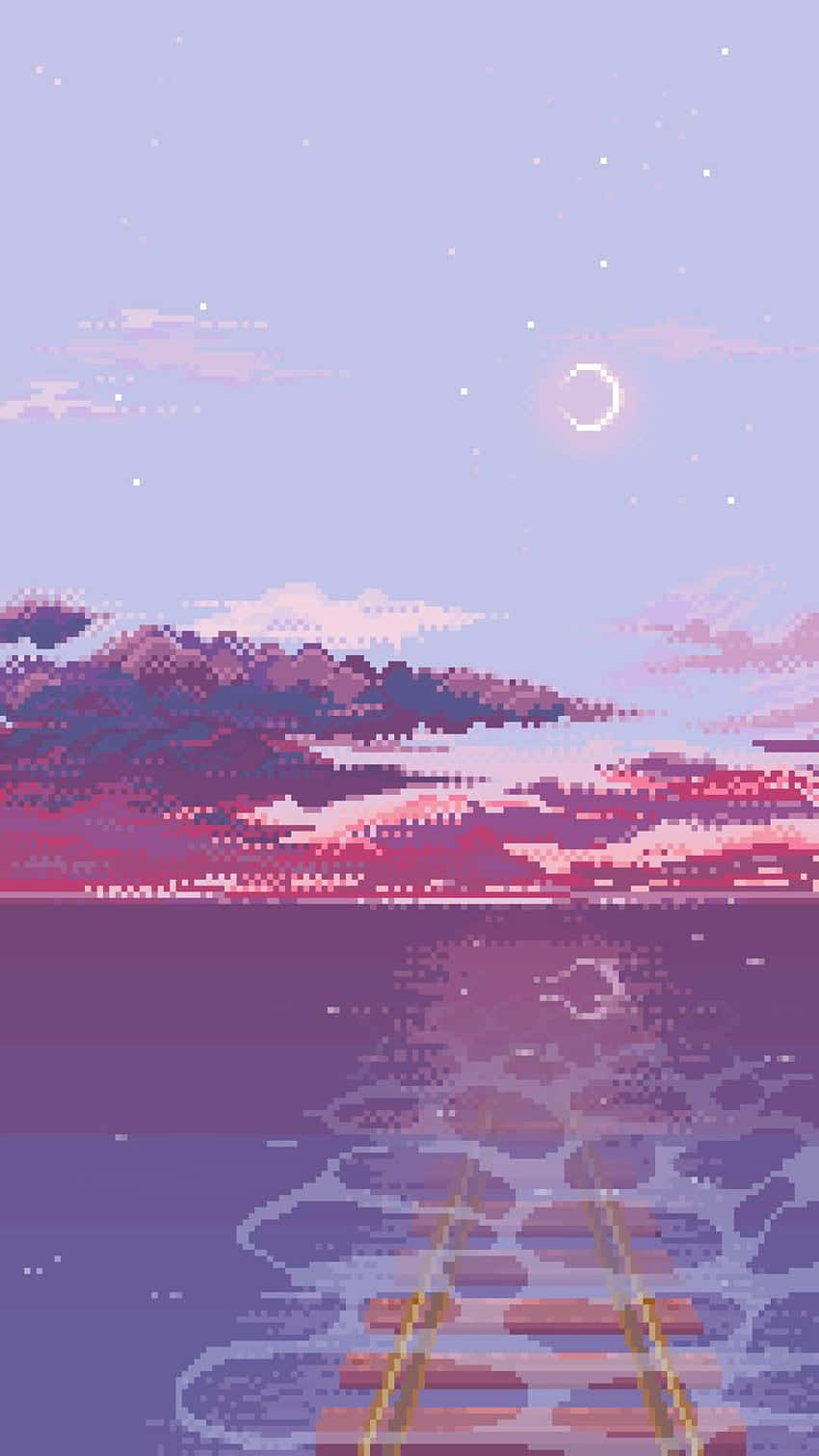 Aesthetic Ghibli 桌布 壁紙 — 像素藝術碼頭延伸至平靜的紫色海洋，在暮色天空下，有發光的彎月和散落的星星。