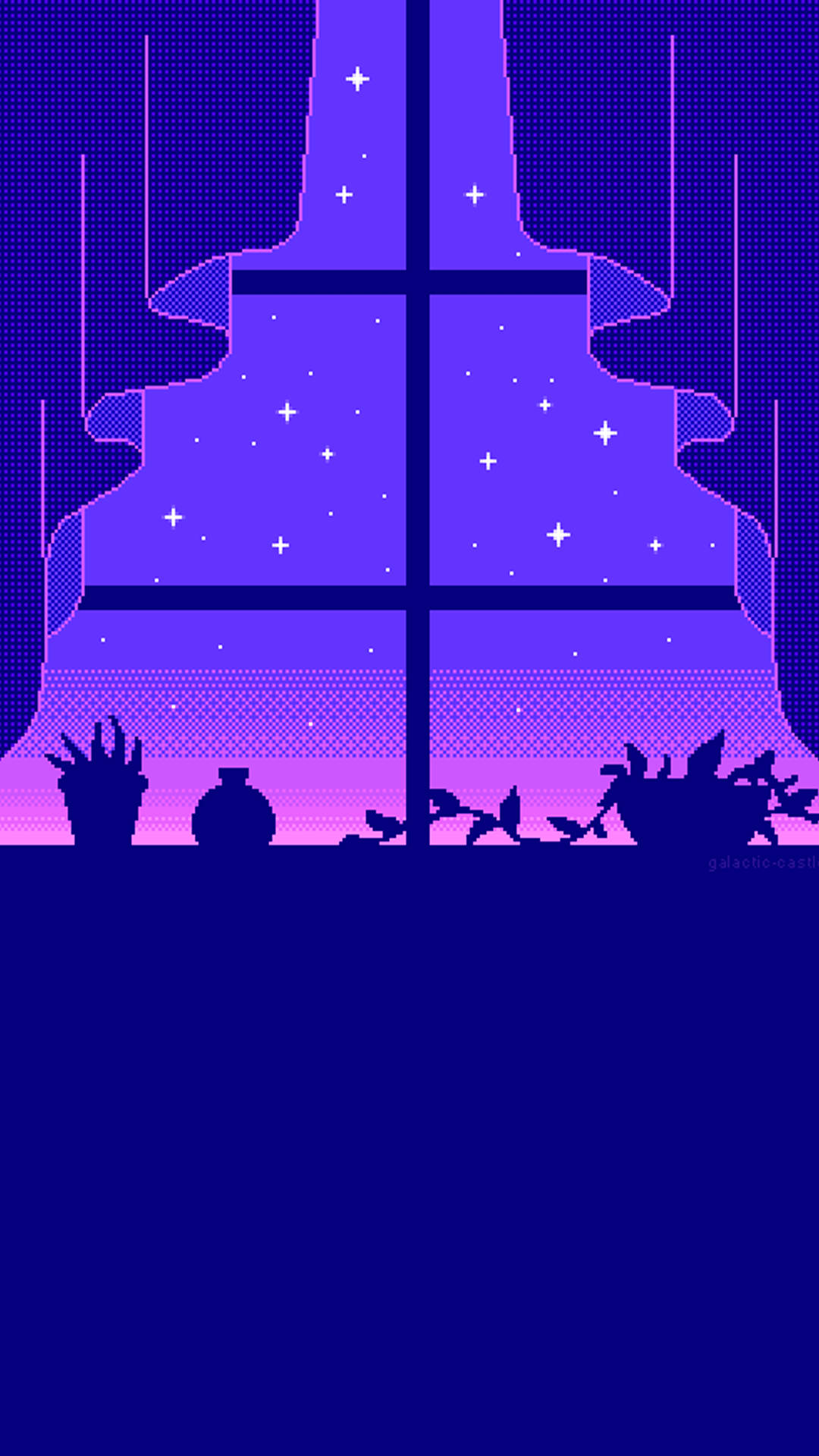 Aesthetic Pixel Art HD 桌布 壁紙 — 像素藝術窗戶景觀，展現被窗簾框住的星夜紫色夜空，下方有植物剪影。