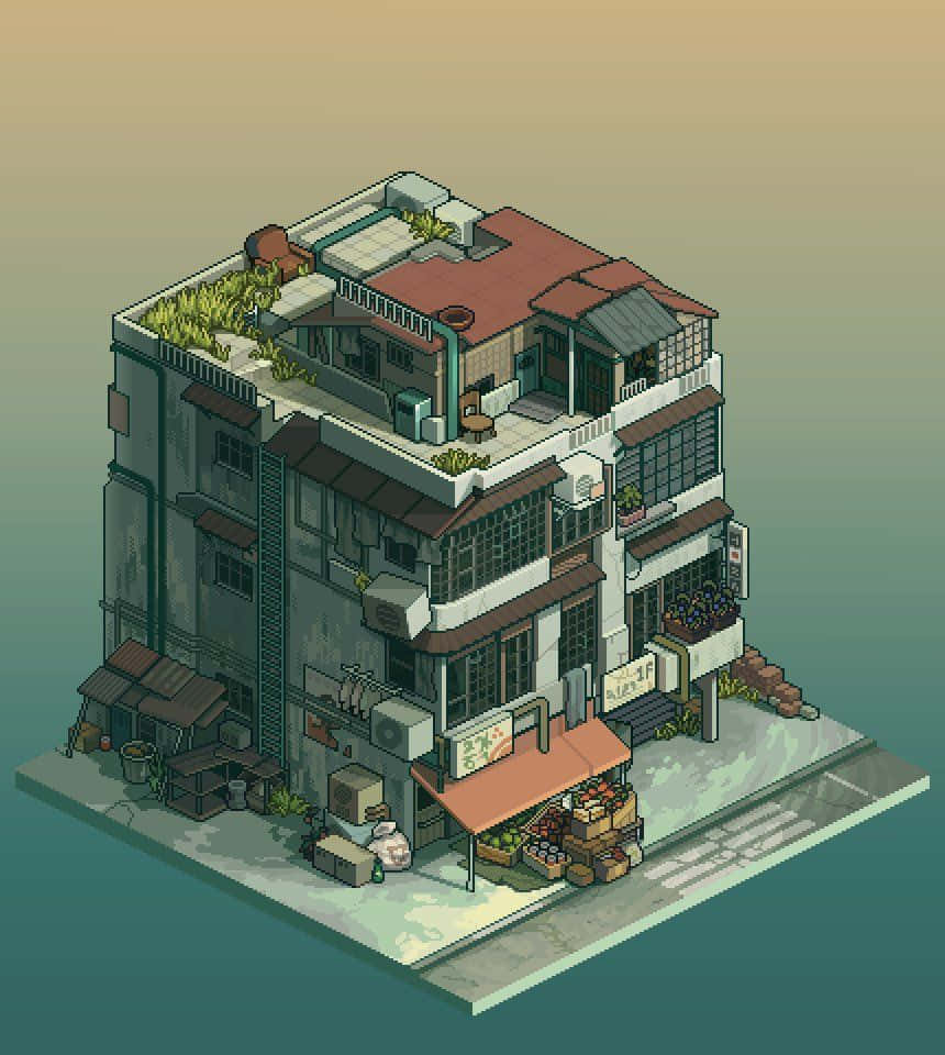 Game Design 桌布 壁紙 — 像素藝術等距建築，設有屋頂花園和街頭市場攤位，背景為柔和漸變天空。