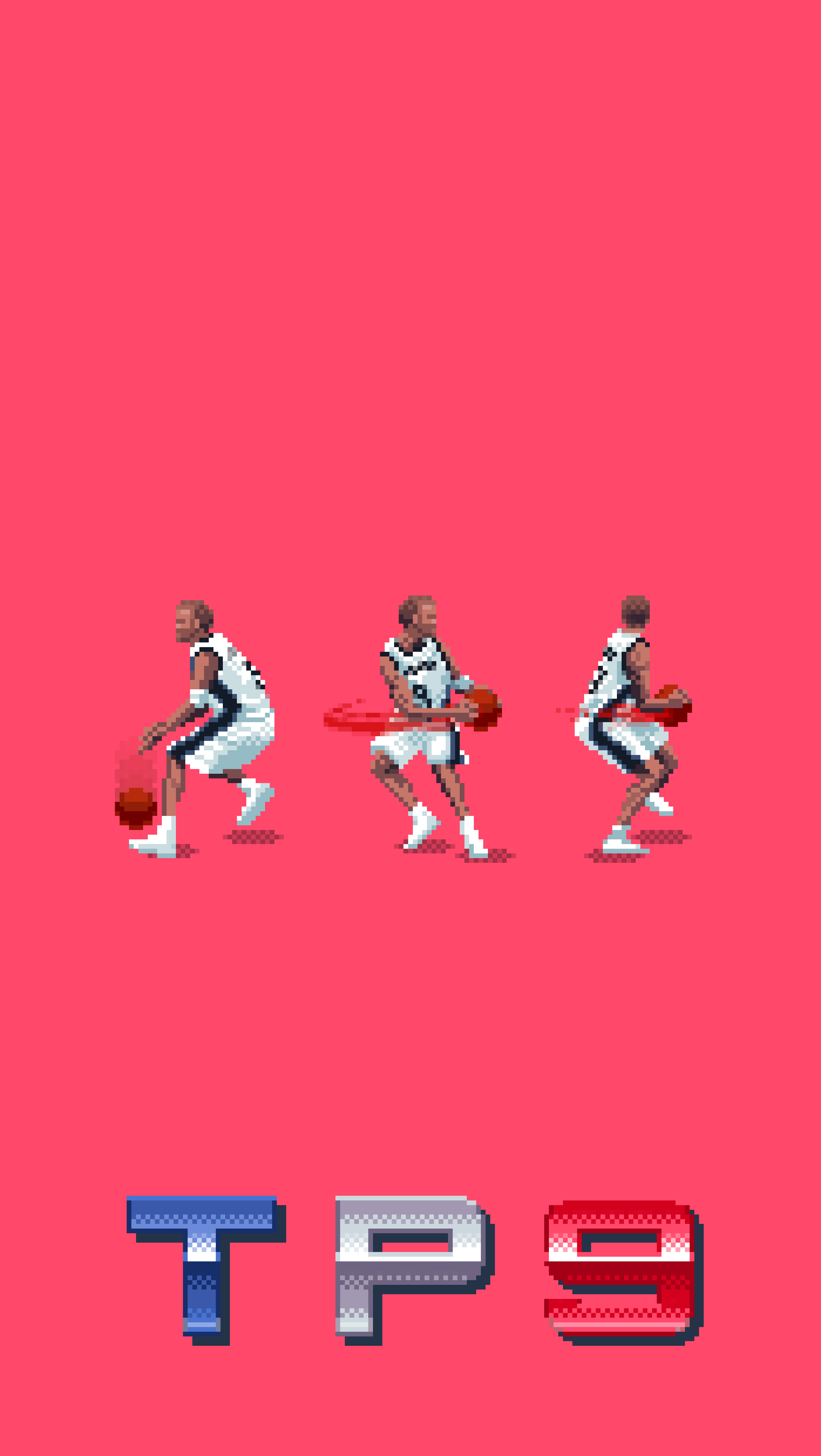 Tony Parker 桌布 壁紙 — 像素藝術籃球運動員以三種運球姿勢呈現，背景為純粉紅色，下方有「TP9」標誌。