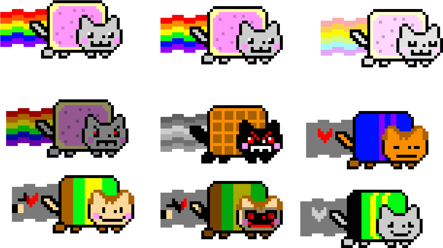 彩虹貓 桌布 壁紙 — 像素藝術網格，展示 Nyan Cat 及其變體，帶有彩虹軌跡和色彩繽紛的方塊身體，背景為黑色。