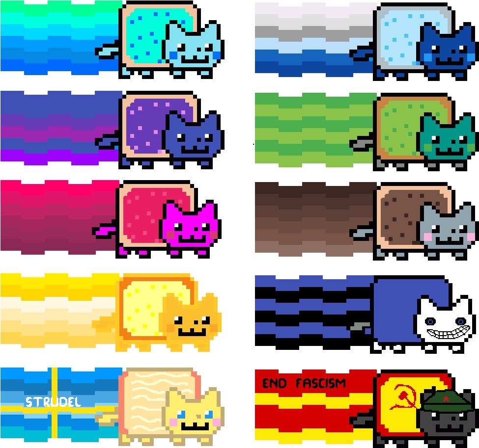 彩虹貓 桌布 壁紙 — 像素藝術網格中的 Nyan Cat，背景色彩繽紛，主題變化包括 strudel 和政治諷刺。