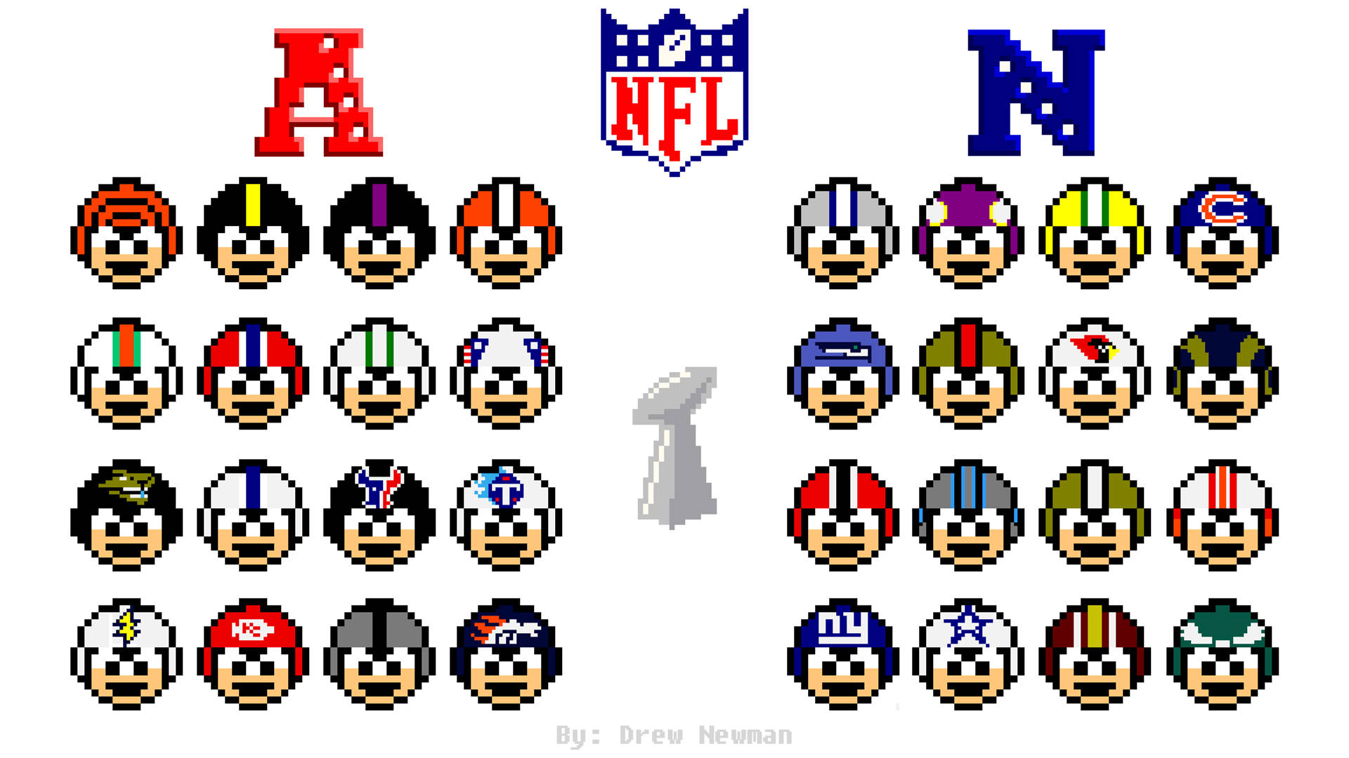 酷炫足球 桌布 壁紙 — 像素藝術網格中的NFL球隊標誌，以笑臉形式呈現，並由NFL標誌和隆巴迪獎盃分隔。