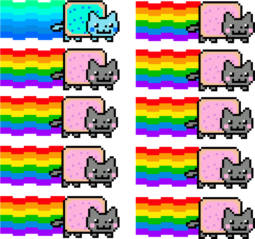 彩虹貓 桌布 壁紙 — 像素藝術網格中的Nyan Cat，帶有彩虹軌跡和粉紅雲背景，襯以黑色。