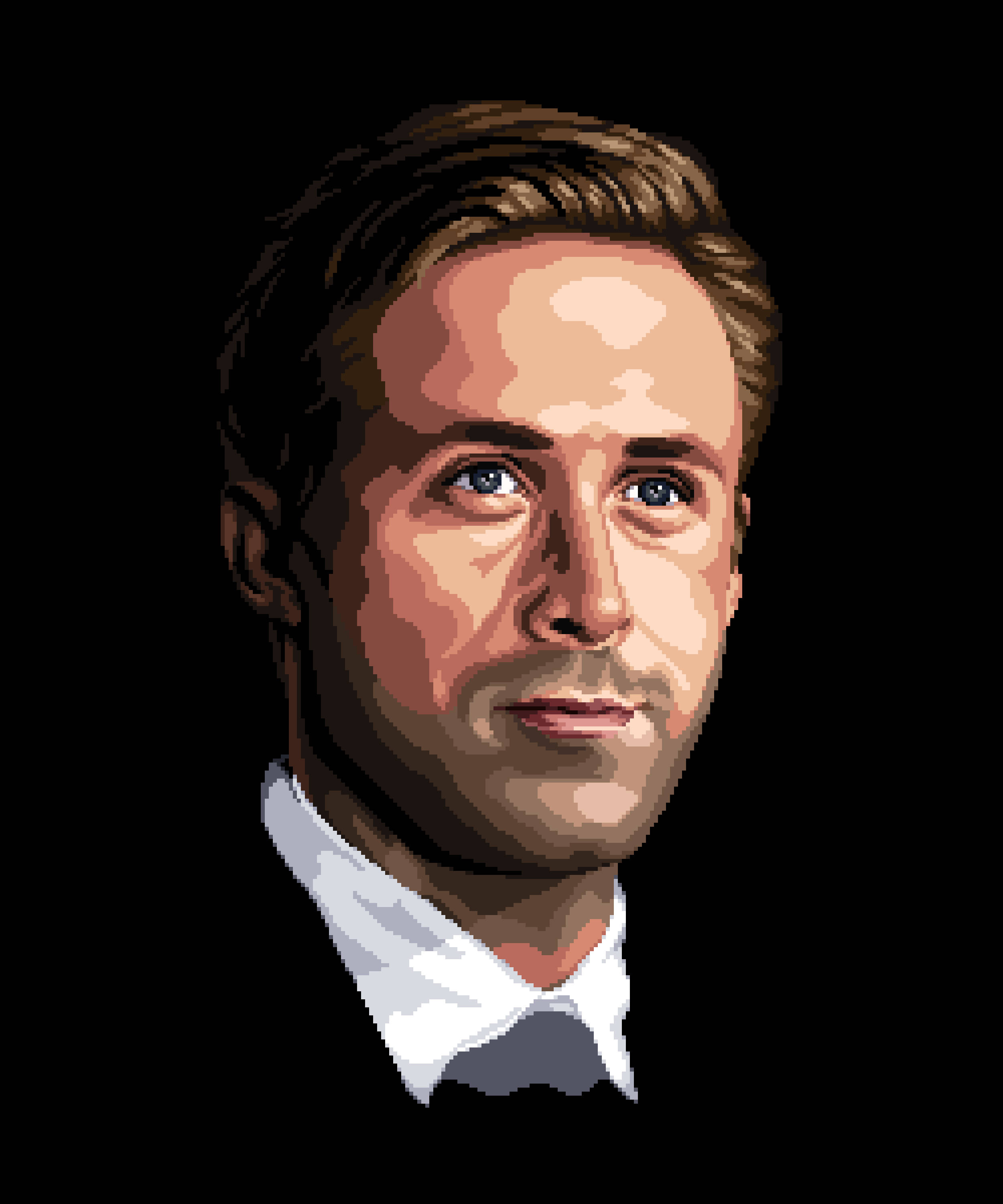 Ryan Gosling 桌布 壁紙 — 像素藝術肖像畫，描繪一位藍眼棕髮、身穿白色領子和深色西裝的男子，背景為黑色。