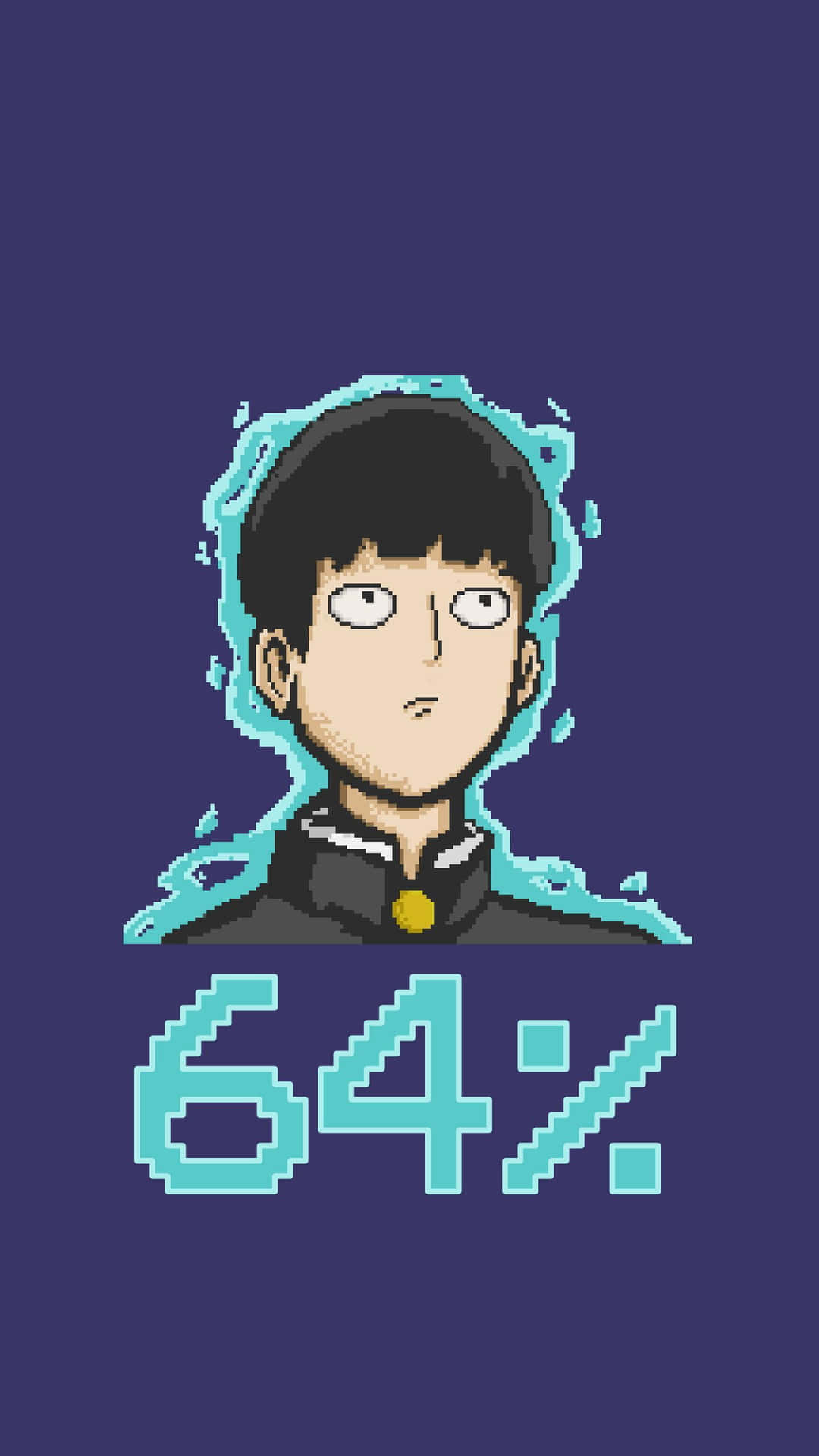 動漫男孩，帶有青色能量光環和64%進度條，採用像素藝術風格。 — 動漫角色 GIF 壁紙