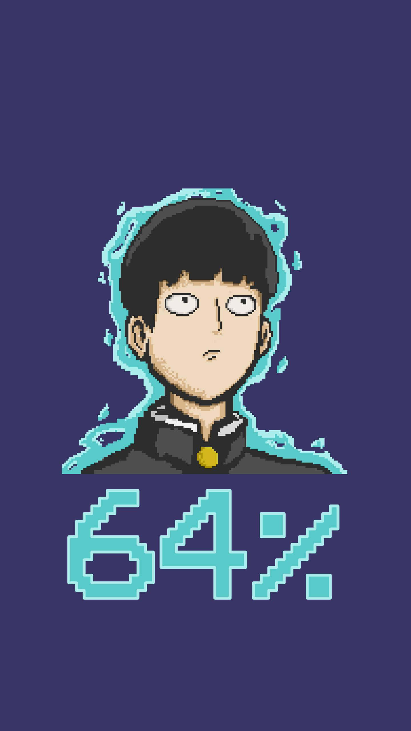動漫 桌布 壁紙 — 像素藝術肖像畫，描繪一個驚訝的動漫男孩，帶有青色能量光環，背景為深紫色，顯示64%進度。