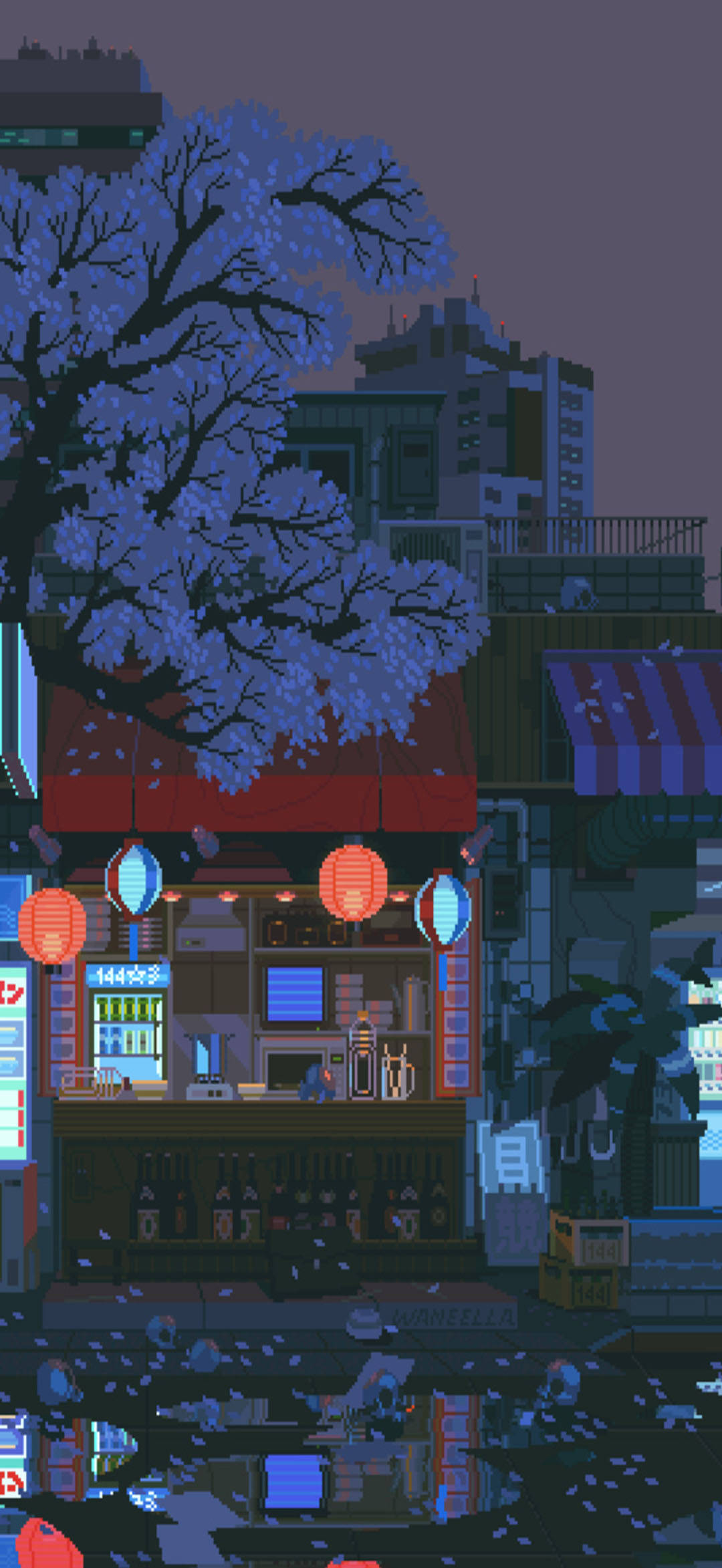 櫻花 桌布 壁紙 — 像素藝術街景，黃昏時分，櫻花飄落在紫色天空下閃耀的酒吧上。