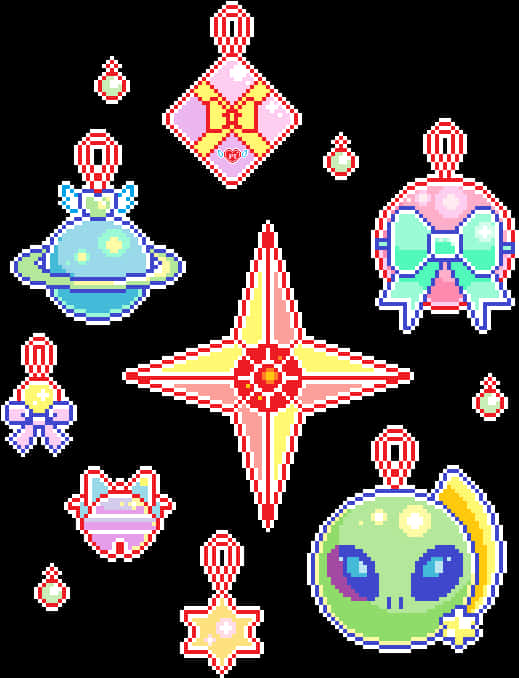 Accessories 桌布 壁紙 — 像素藝術裝飾品在黑色背景上漂浮，呈現外星行星星星和蝴蝶結形狀，採用柔和色彩。