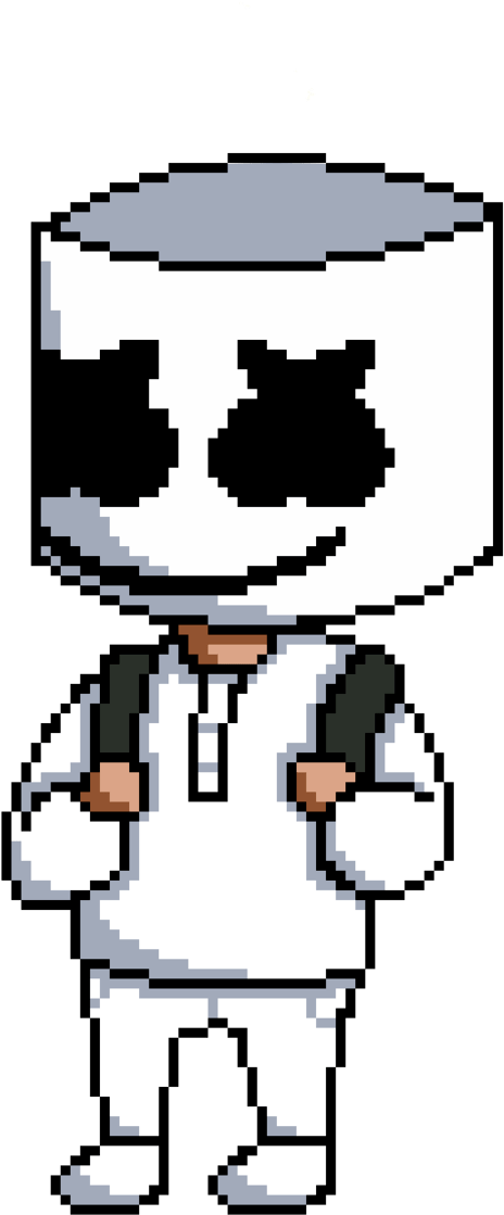Marshmello 動態圖 桌布 壁紙 — 像素藝術角色，棉花糖頭部，揹著背包，站在黑色背景前。