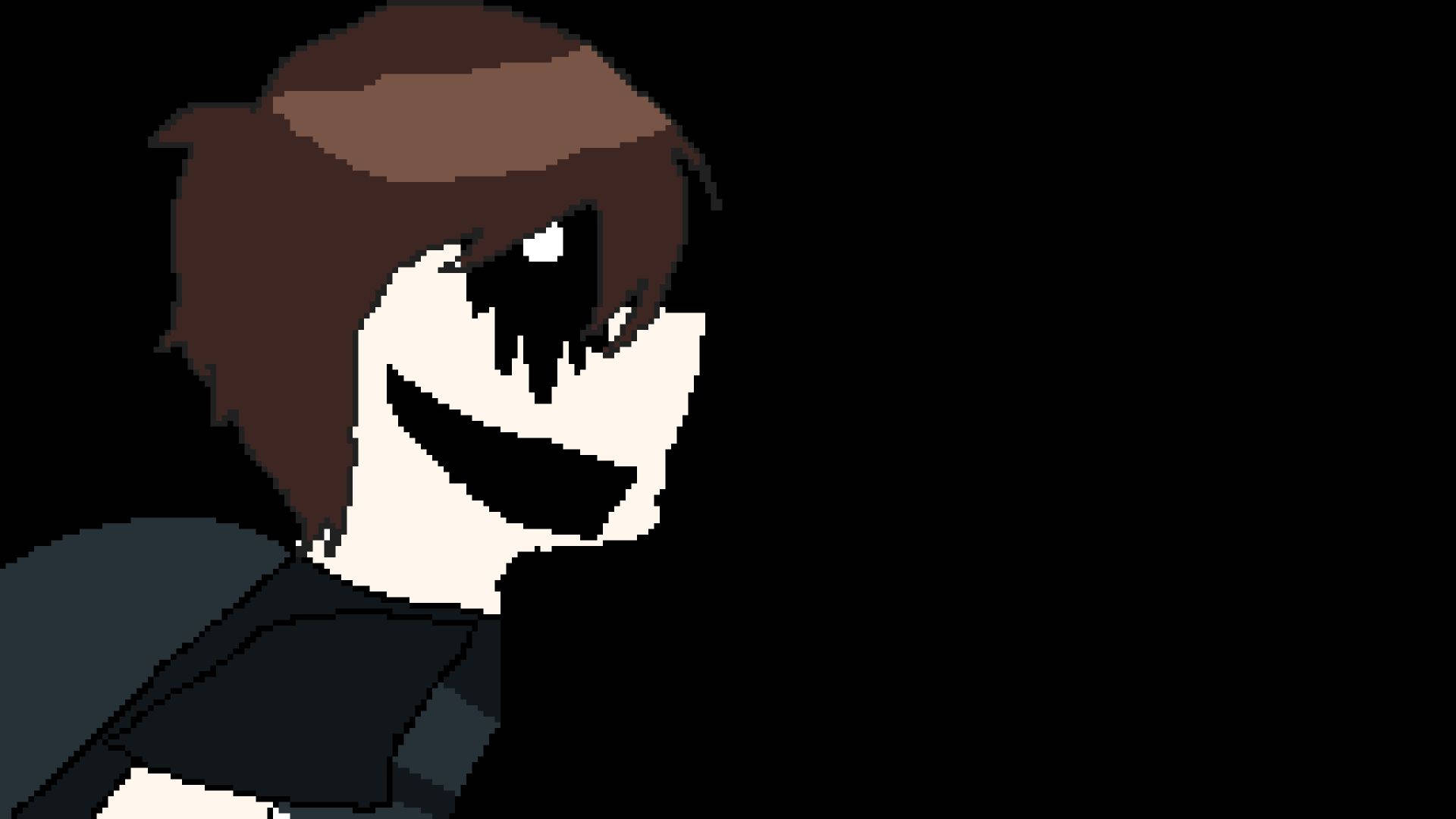 Chris Afton 桌布 壁紙 — 像素藝術角色，棕色頭髮，咧嘴大笑，黑色背景。