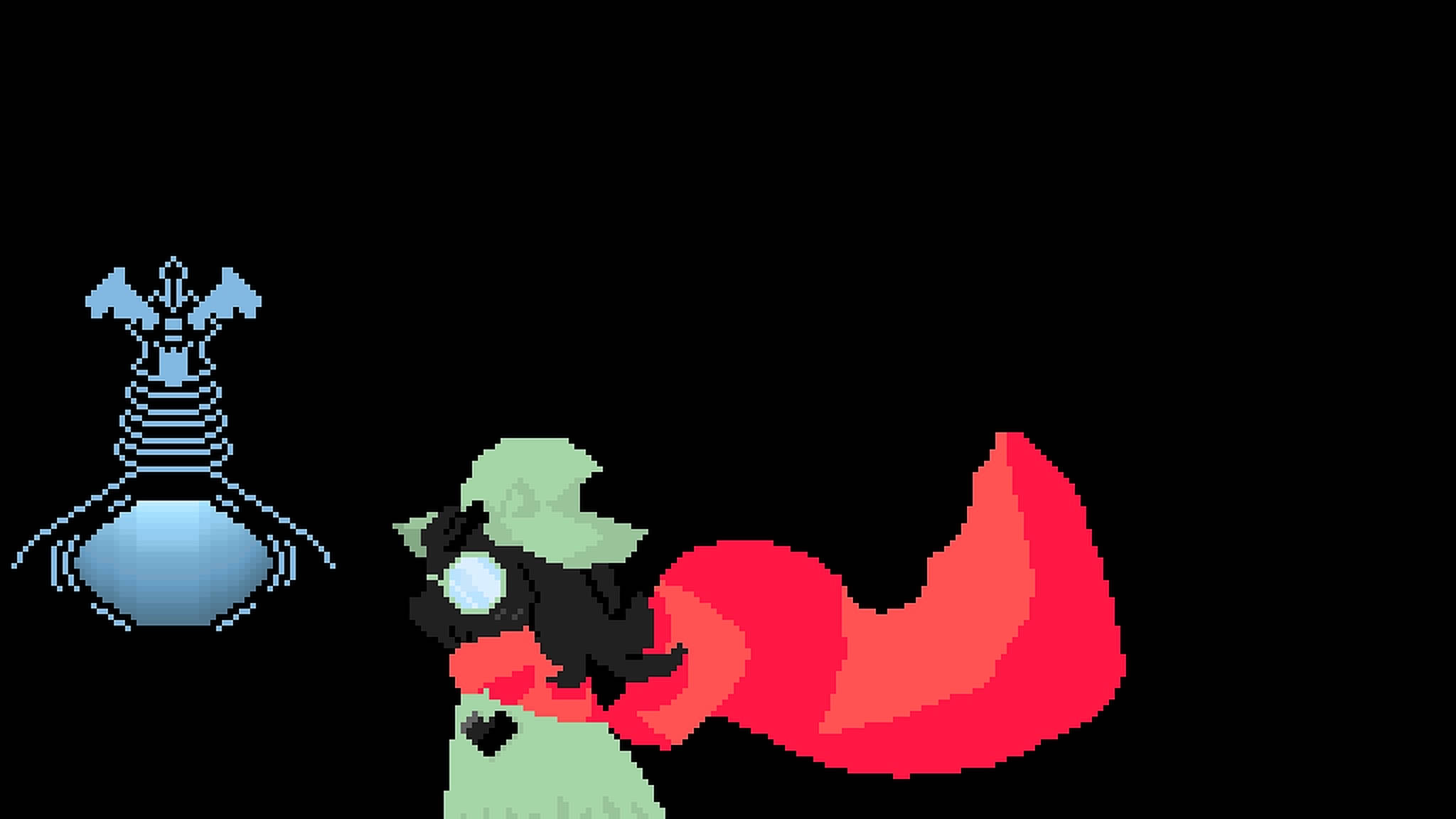 Ralsei 桌布 壁紙 — 像素藝術角色，身穿紅色斗篷和綠色帽子，面對一個發光的藍色藥水瓶，背景為黑色。