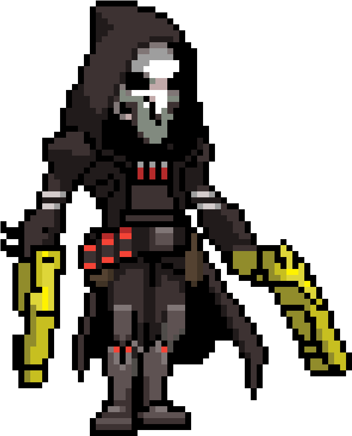 reaper 桌布 壁紙 — 像素藝術角色，身穿連帽斗篷，手持發光黃色武器，站在黑色背景前。