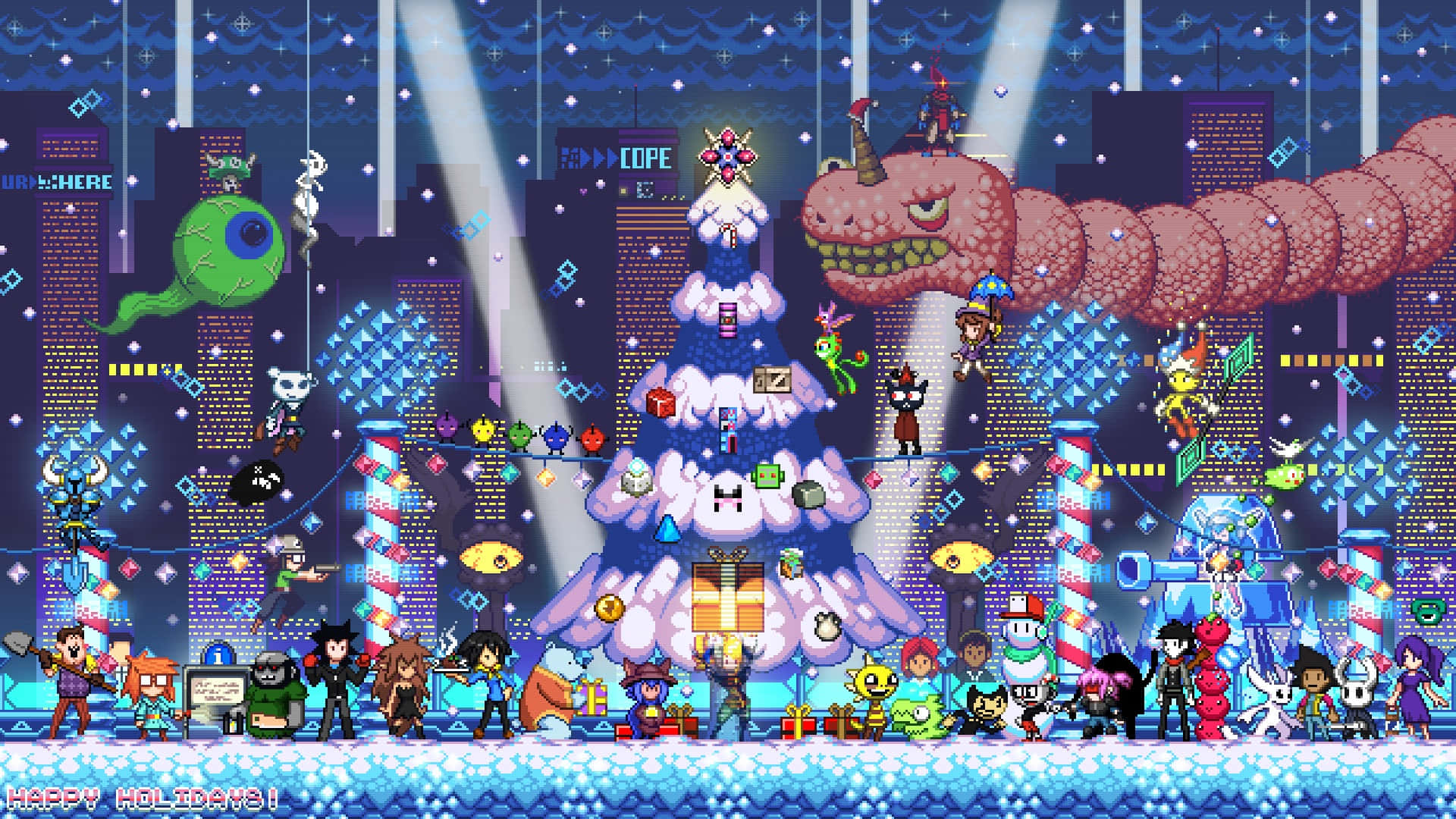 Indie Games 桌布 壁紙 — 像素藝術角色在夜晚圍繞著一棵巨大的積雪樹木，在充滿活力的霓虹城市景觀中慶祝節日。