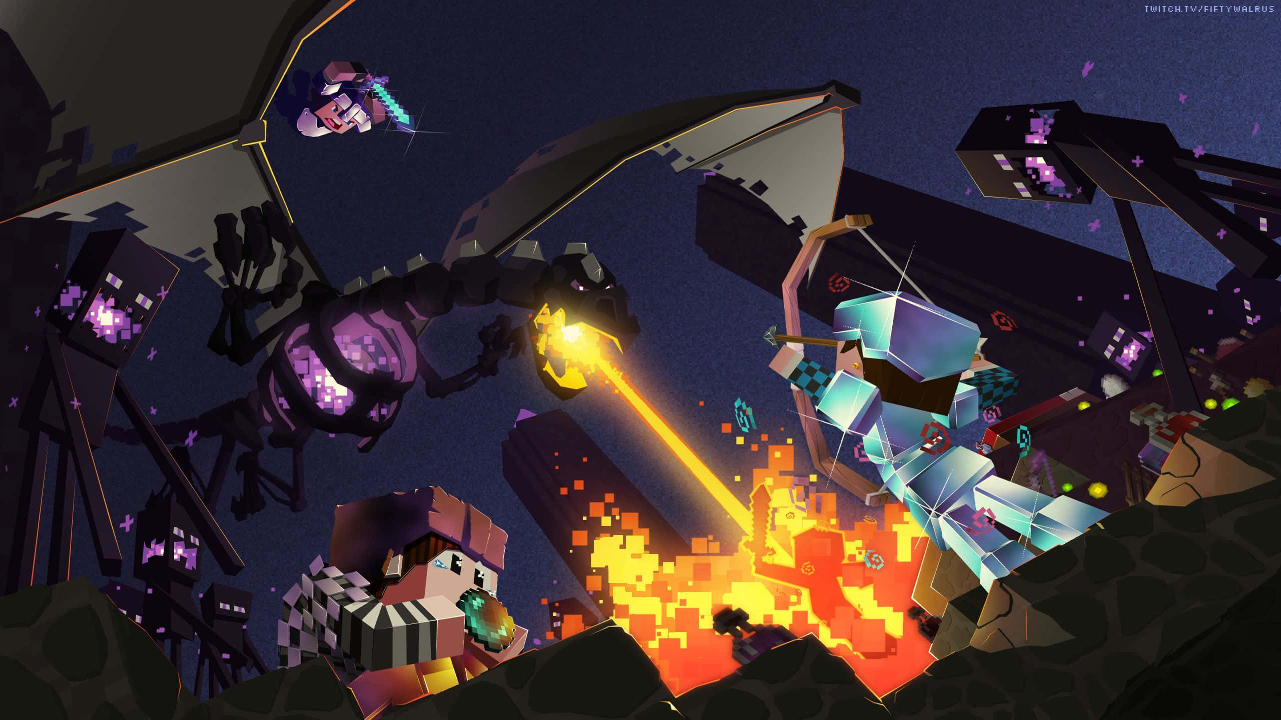 Minecraft Fight 桌布 壁紙 — 像素藝術角色在星空夜空下與巨型機械龍戰鬥，伴隨著發光的爆炸。