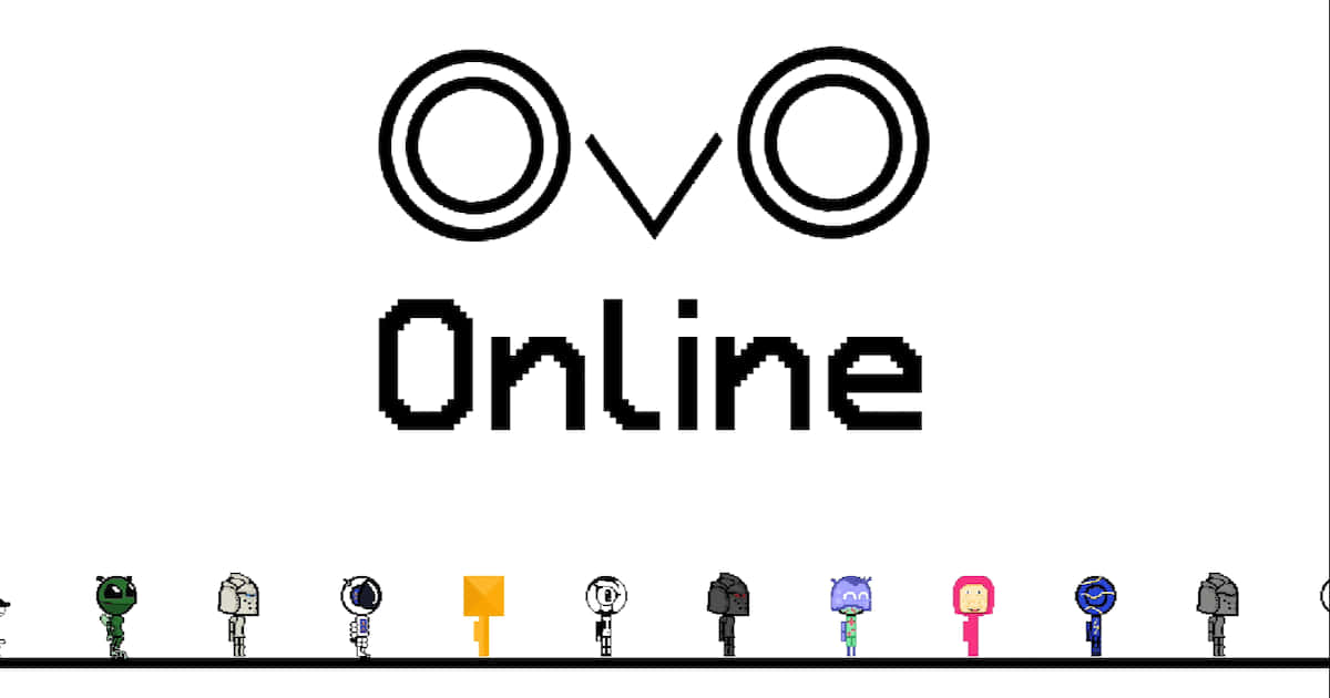 Ovoxo 桌布 壁紙 — 像素藝術角色在純白色背景上，排列在粗體黑色文字 OVO Online 下方。