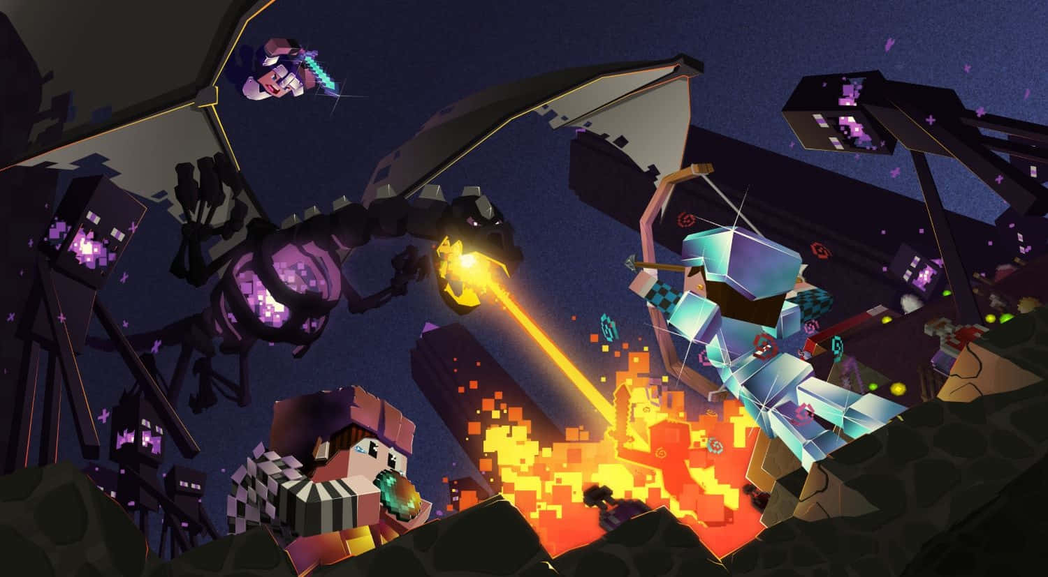 Minecraft Armor 桌布 壁紙 — 像素藝術角色在繁星點點的夜空下與巨大的機械怪物戰鬥，伴隨著發光的爆炸。