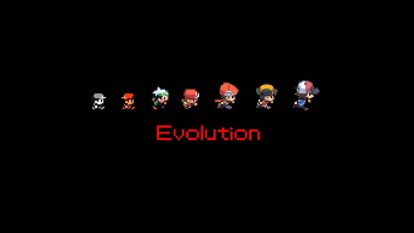 黑色 桌布 壁紙 — 像素藝術角色在黑色背景上，帶有紅色「Evolution」文字，經歷七個階段進化。