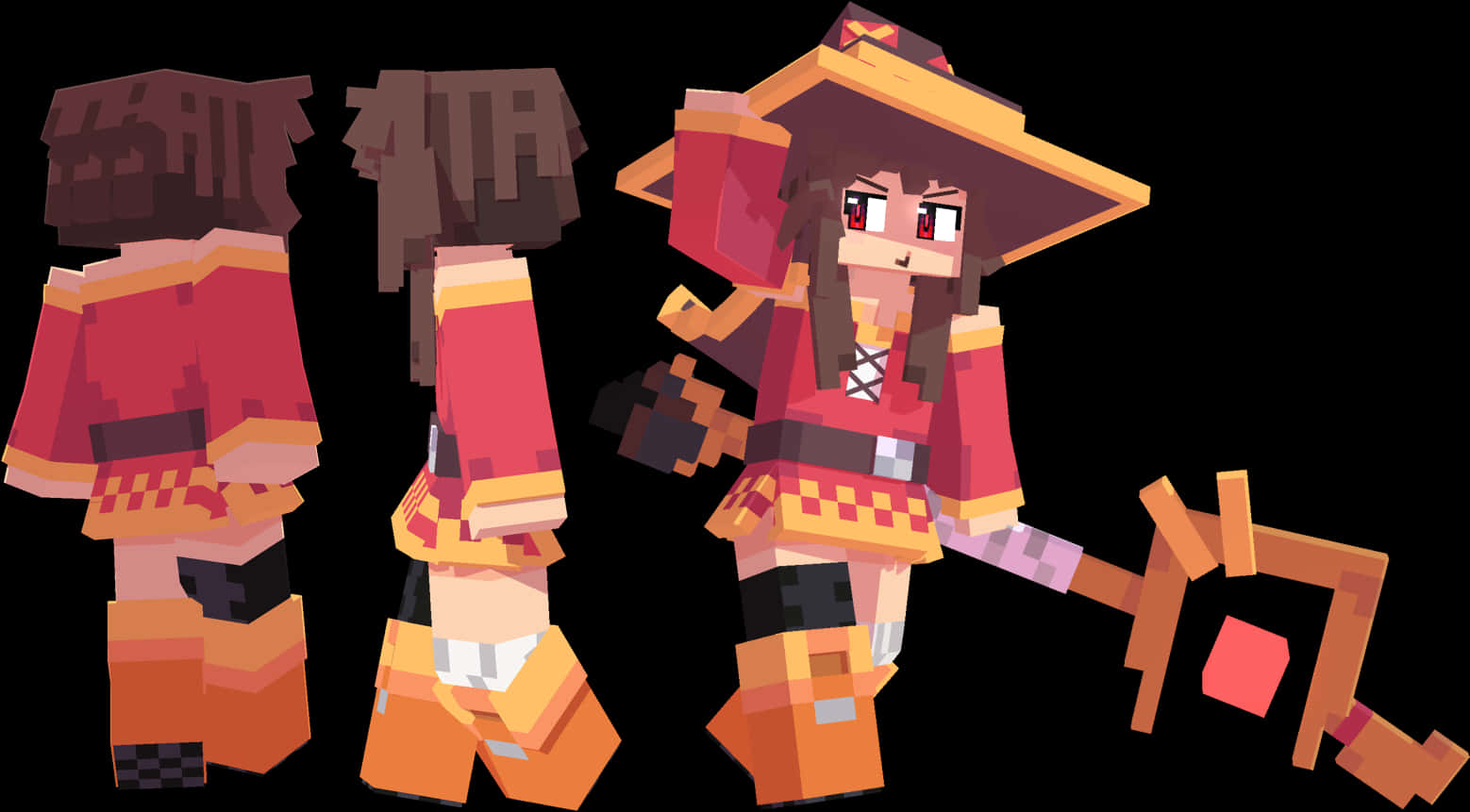 Megumin 桌布 壁紙 — 像素藝術角色穿著紅色和橙色武士服裝，從多個角度在黑色背景上展示。