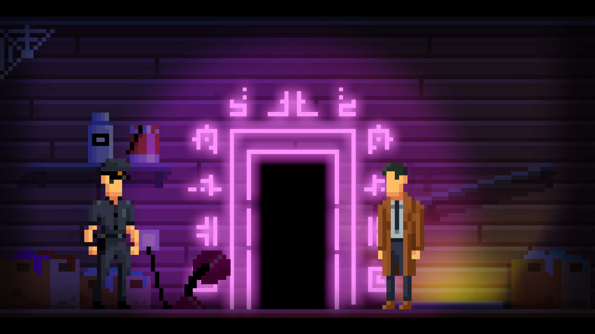 Detective 桌布 壁紙 — 像素藝術角色站在一個昏暗的磚房裡，面前是一扇發光的紫色霓虹門。