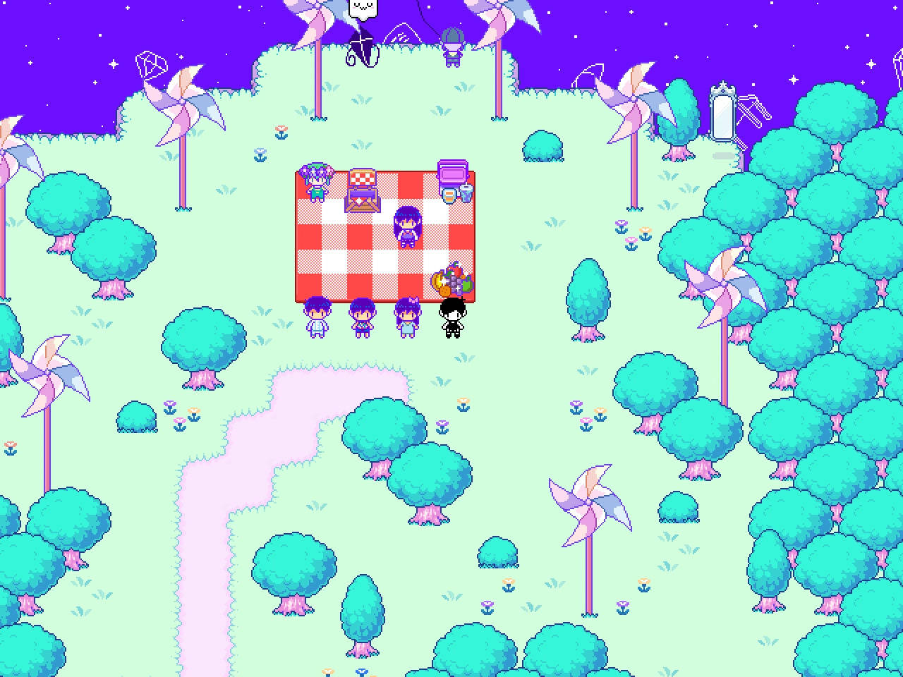 角色在星空下享受野餐，有風車和藍綠色樹木。 — Omori GIF 壁紙