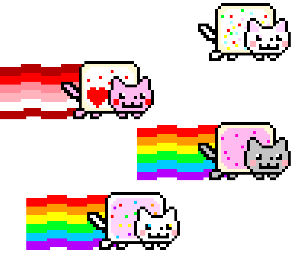 Nyan Cat 桌布 壁紙 — 像素藝術貓咪，帶有彩虹尾巴和五彩紙屑，在黑色背景上爆炸，呈現混亂而歡樂的景象。