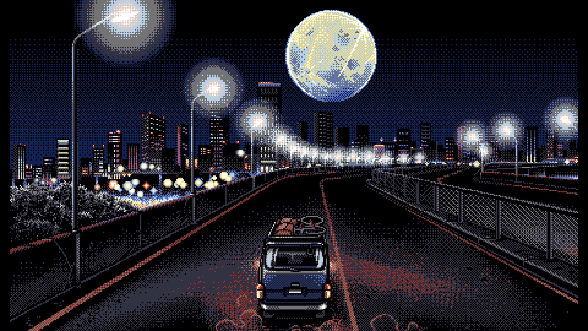 城市風景 桌布 壁紙 — 像素藝術貨車在夜晚的橋上行駛，橋上有霓虹燈和摩天大樓，月亮閃耀。