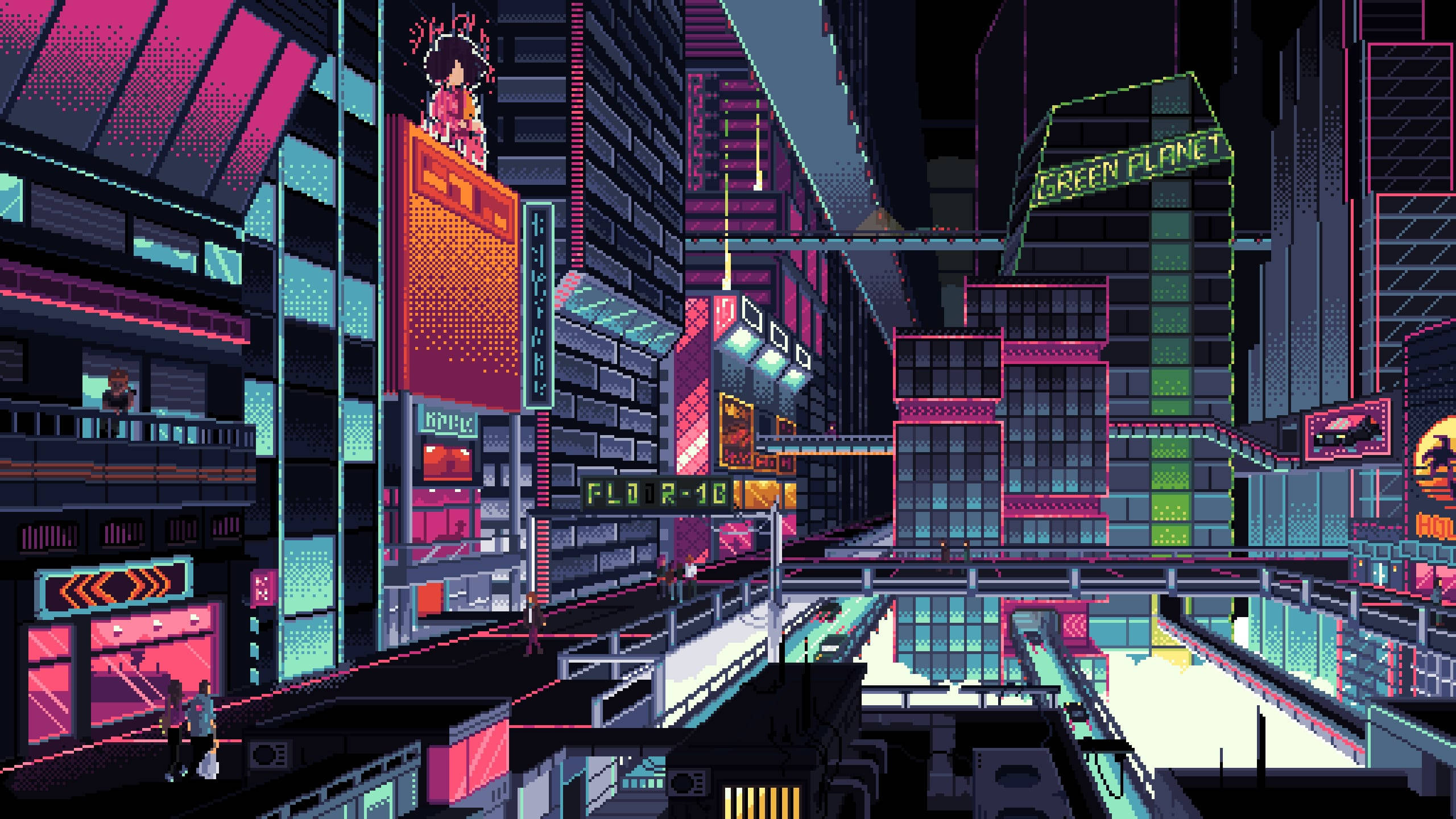 Aesthetic Pixel Art HD 桌布 壁紙 — 像素藝術賽博龐克城市夜景，霓虹燈牌在摩天大樓和反射街道上閃爍粉紅和青色光芒。