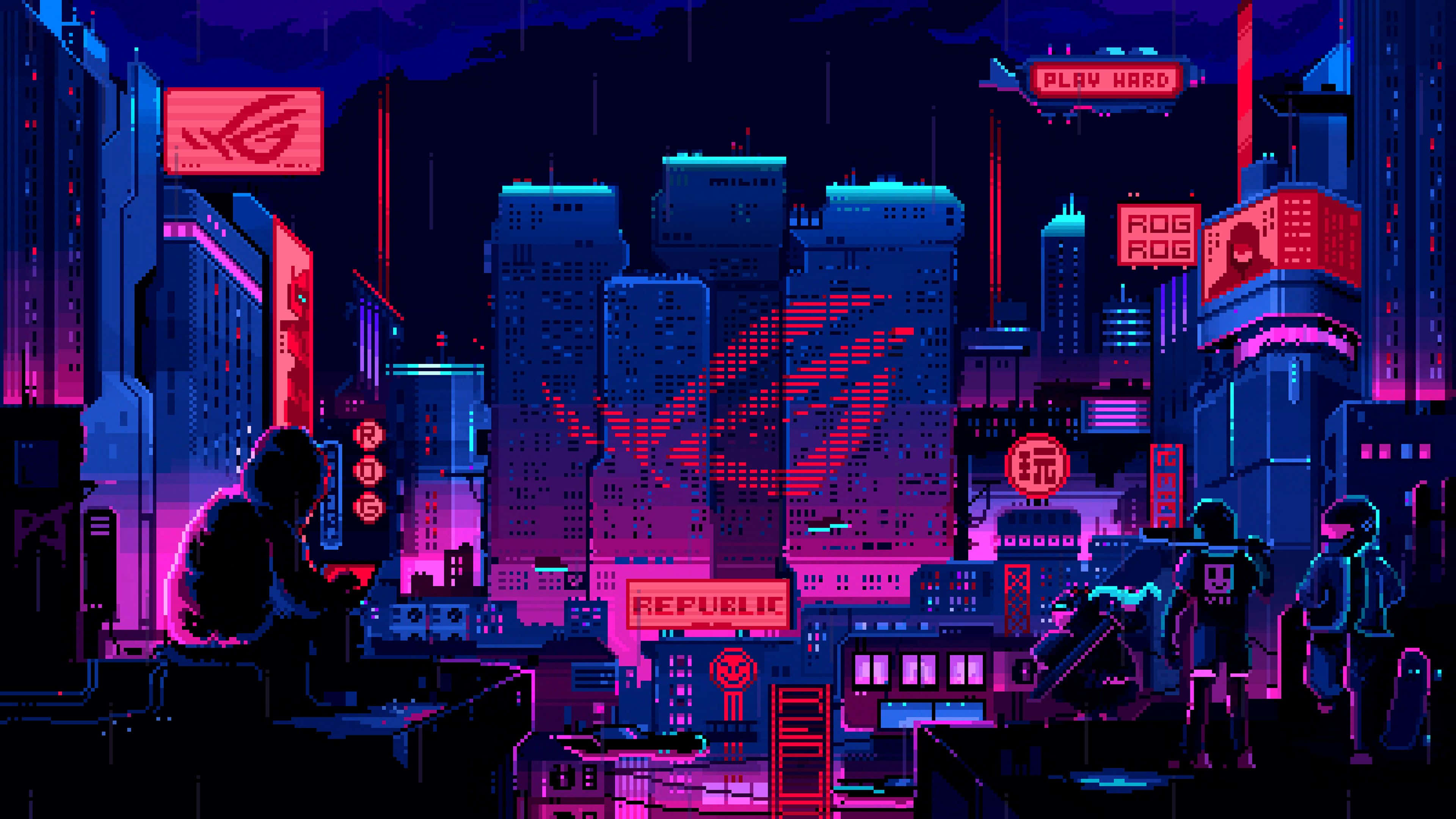 ASUS 桌布 壁紙 — 像素藝術賽博龐克城市夜景，霓虹燈、雨水和剪影人物在充滿活力的紫色和藍色光芒中。