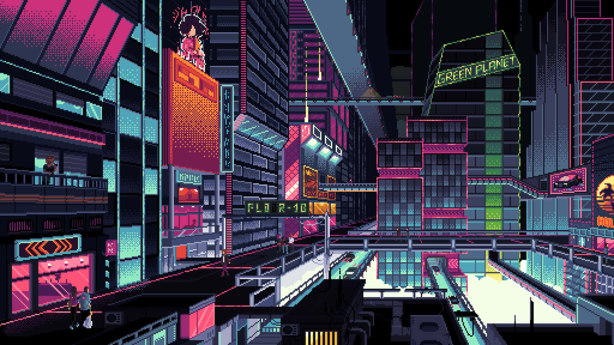 桌布 壁紙 — 像素藝術賽博龐克城市夜景，霓虹燈在高聳建築物上閃耀粉紅和青綠色。