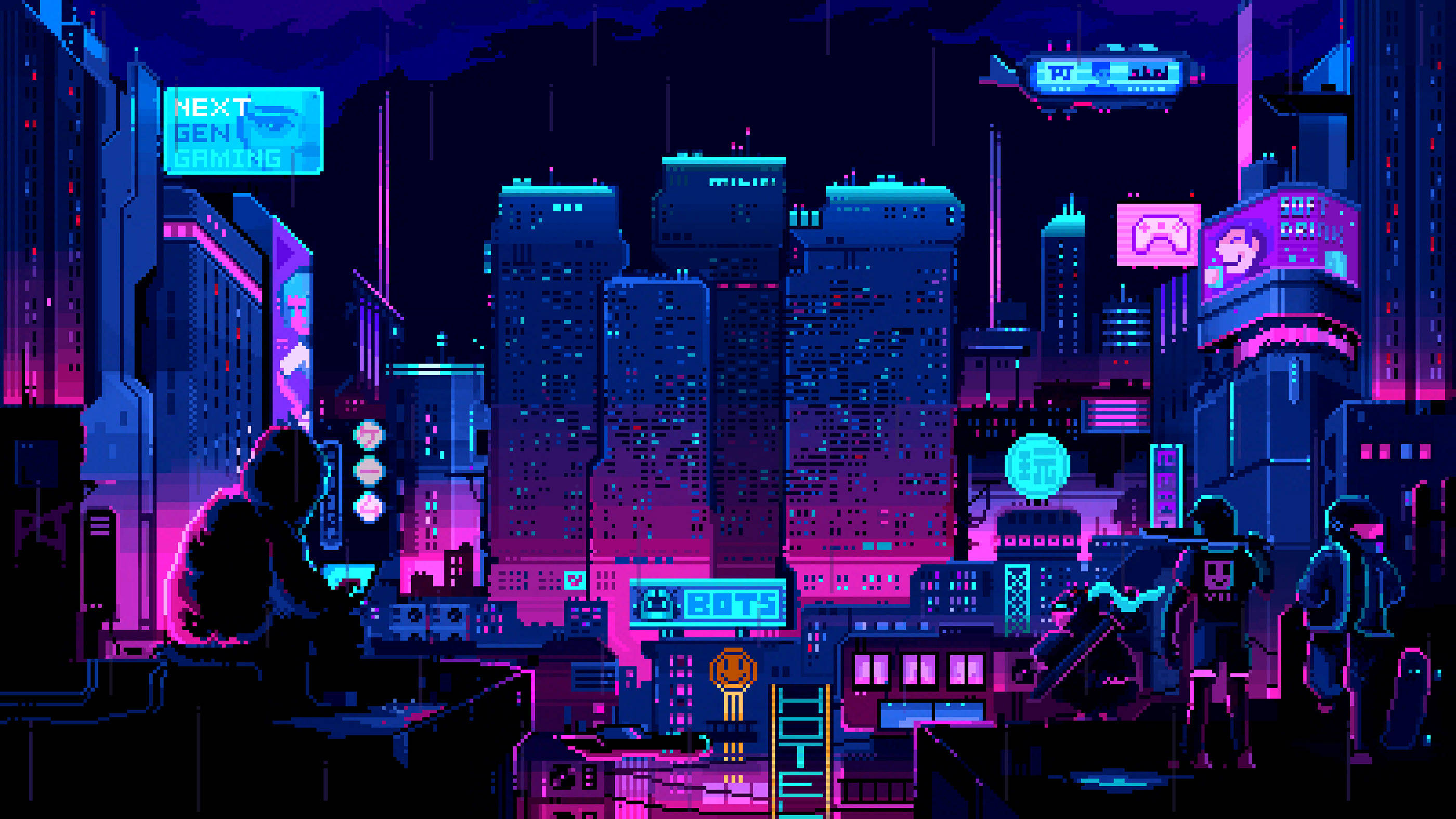 設計 桌布 壁紙 — 像素藝術賽博龐克城市夜景，霓虹燈牌、雨水和剪影人物映襯著發光的摩天大樓。