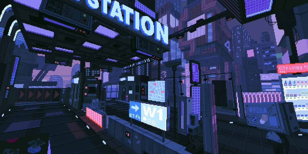 桌布 壁紙 — 像素藝術車站月台，在暮色 cyberpunk 天空下閃爍著霓虹燈和數位顯示屏。
