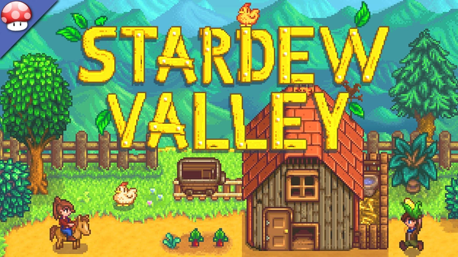 Valley 桌布 壁紙 — 像素藝術農場，有木屋、雞、馬和背景中的山脈，在明亮的天空下。
